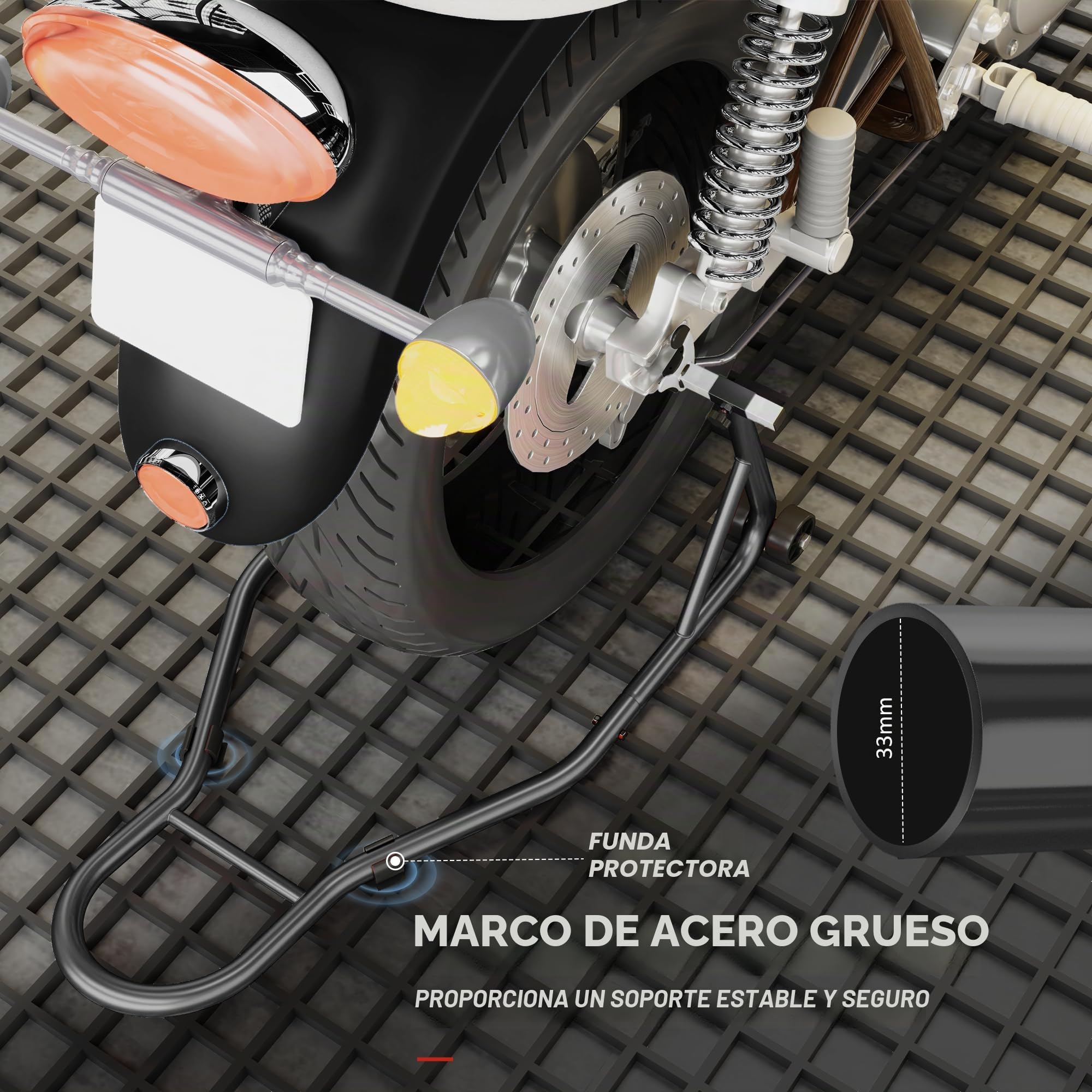 HOMCOM Soporte caballete trasero de moto, soporte de rueda, elevador trasero de moto sobre ruedas con bobina de brazo oscilante U + L, negro