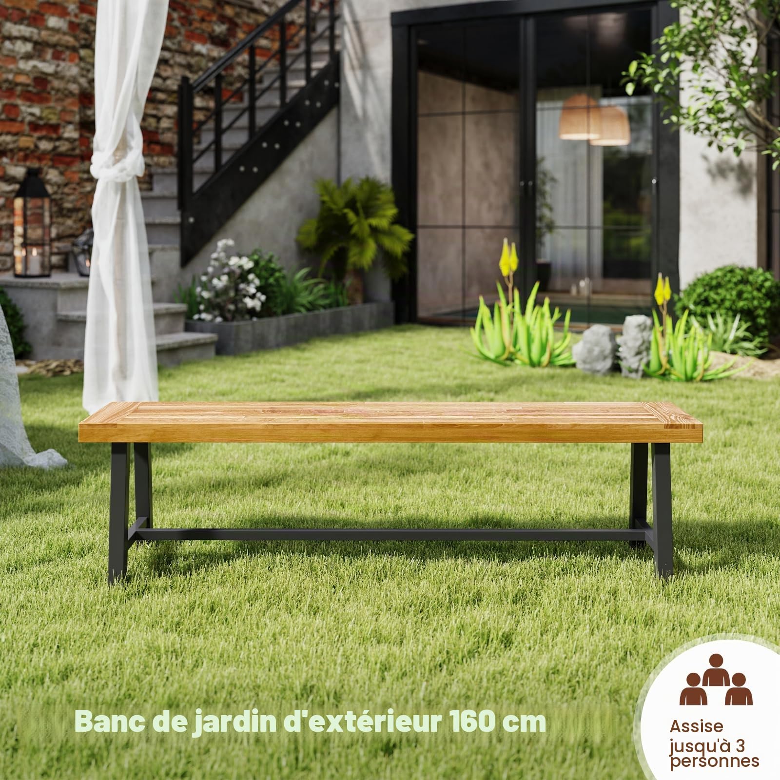 GIANTEX Banc de Jardin en Bois d'Acacia 160 x 32 x 45 CM, 3-4 Places Banquette d'Exterieure avec Barres de Support, Pieds Réglables, Charge 320 KG, Assise Large pour Terrasse, Parc (2)