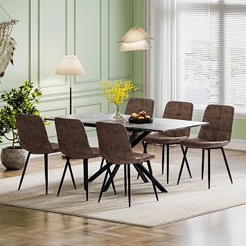 Extendable Dining Table and Chairs Set 6, 120-160cm Concrete Effect Table with 6 Brown Upholstered PU Leather Chairs for Dining Room, Kitchen