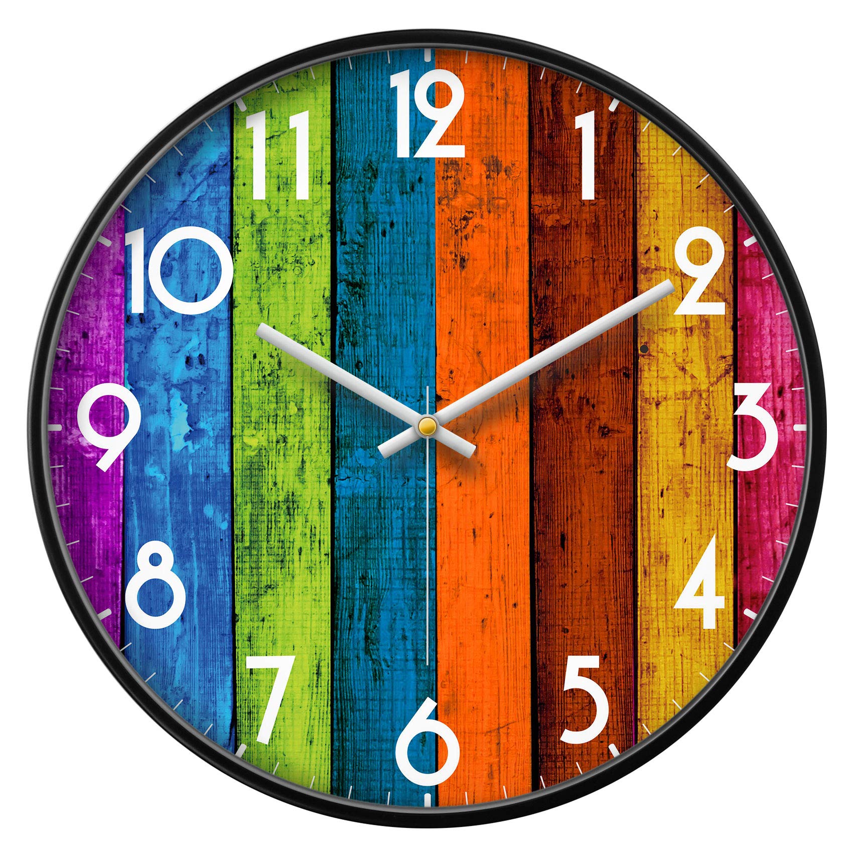 SCOAGE 14 Inch Rainbow Colorful Wood Plank Wall Clock, Silent Non-Ticking Battery Operated Analog Clock with Large Easy to Read Numbers for Kids Room, Classroom, Kitchen, Living Room