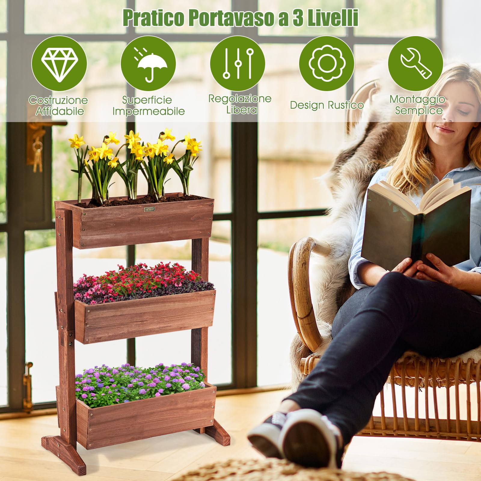 RELAX4LIFE Fioriera da Esterno, Fioriera Verticale a 3 Livelli con Inclinazione Regolabile e Drenaggio Integrato, Vasi per Piante in Legno di Abete Impermeabile per Balcone (Marrone, 71x38x105cm)
