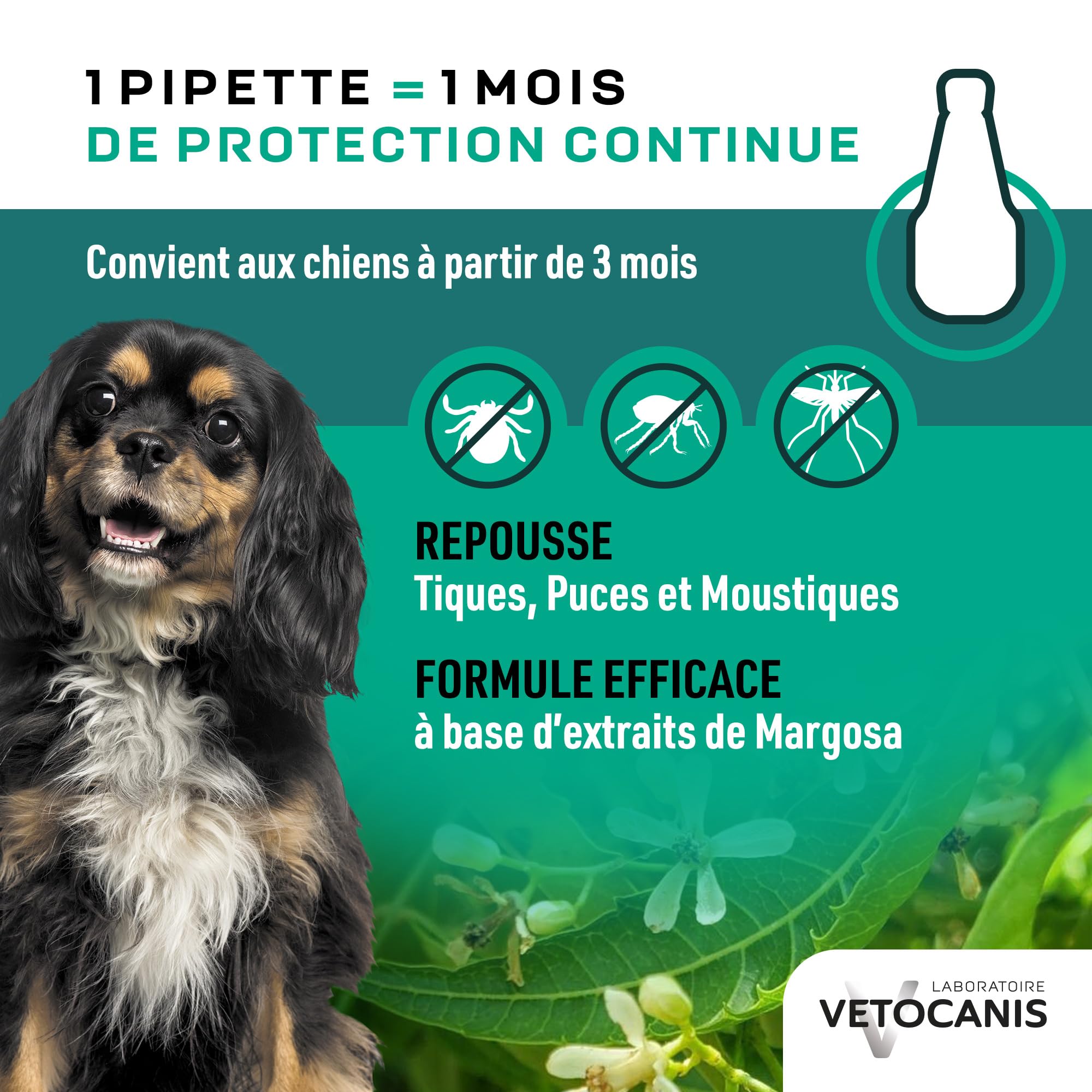 Vetocanis, Pipettes Anti Puces Chien, 2x1 Mois sans Tiques, Puces, Moustiques, Antiparasitaire Chien 2 à 10 kg, A base de Margosa, Répulsif Protection Immédiate, 2 Pipettes de 2 mL
