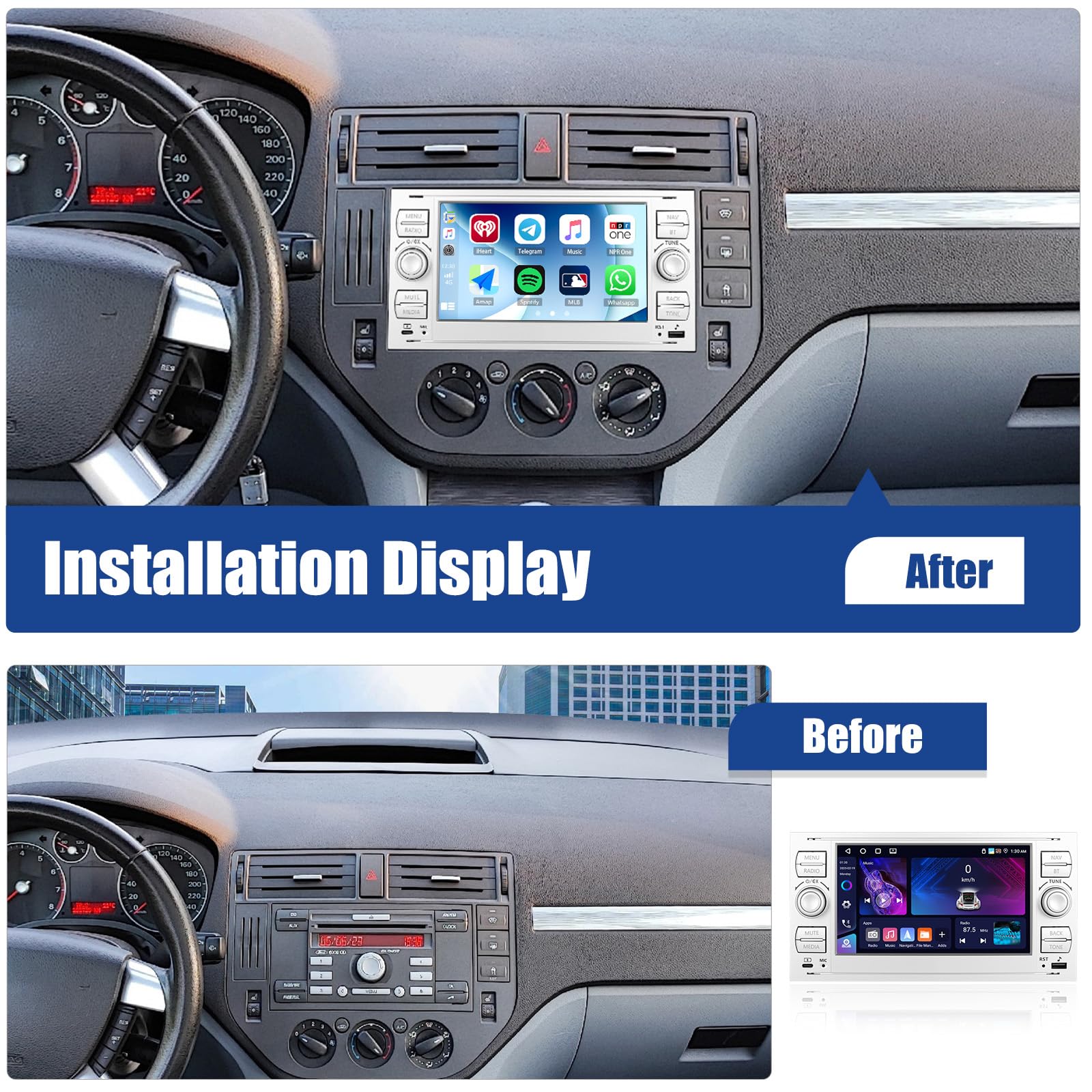 SIXWIN Radio samochodowe 4 + 64 G Android 15 z CarPlay/Android Auto/Mirror Link do Ford C-Max/Galaxy/Connect/Fiesta/S-Max, ekran dotykowy HD z WiFi GPS Bluetooth 5.0 FM/RDS 32EQ USB/Type-C (srebrne)