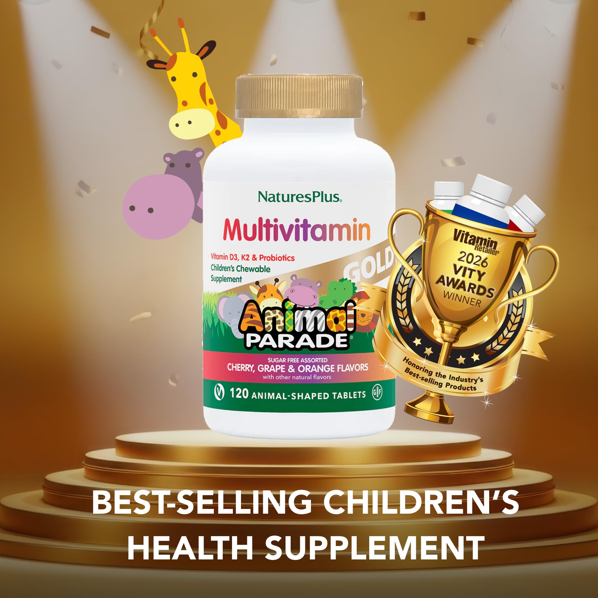 NaturesPlus Animal Parade Gold Children's Multivitamin - 120 Animal-Shaped Chewable Tablets - Assorted Cherry, Orange & Grape Flavors - Vegan, Gluten Free - 60 Total Servings — Amazon image 2