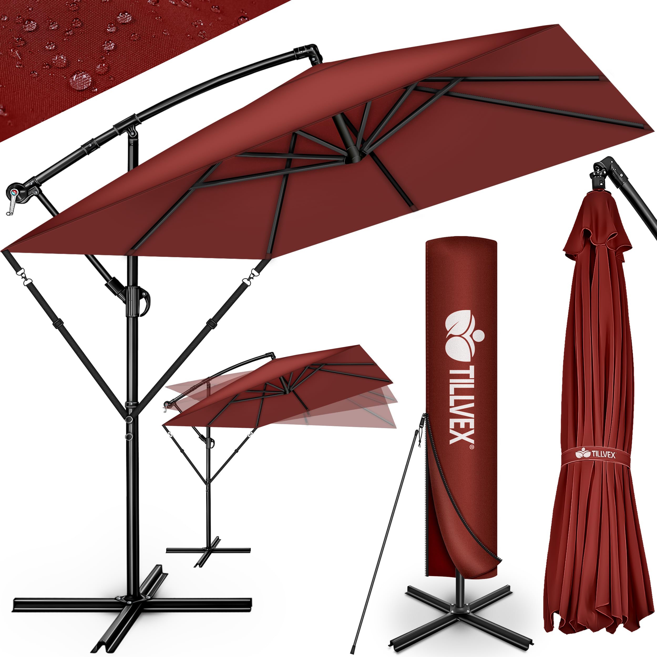 tillvex® Rectangular aluminium parasol, diameter 330 cm + cover with crank, rectangular parasol with stand and wind protection, garden umbrella, UV protection, aluminium, crank umbrella, market