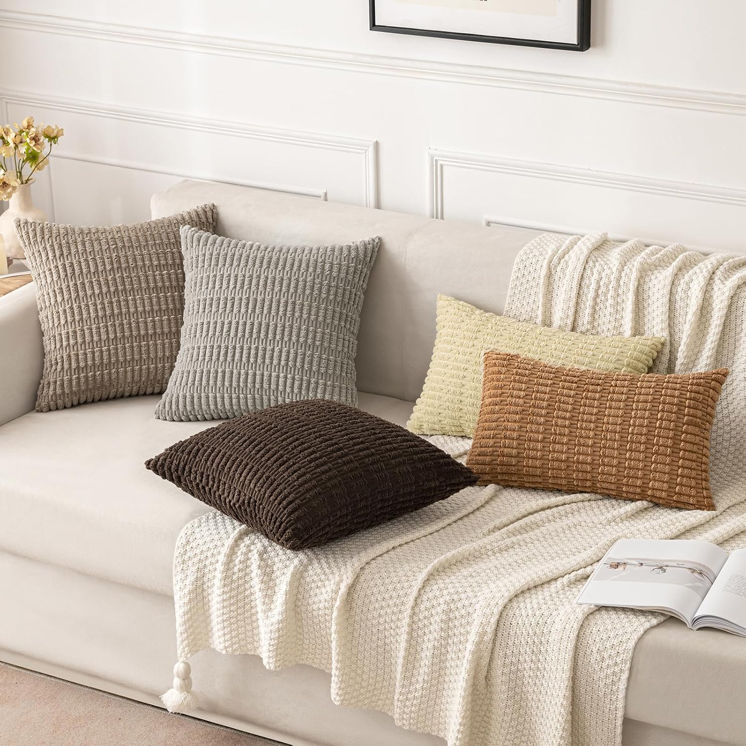 MIULEE Pack of 2 Corduroy Decorative Throw Pillow Covers 20x20 Inch Soft Boho Striped Pillow Covers Modern Farmhouse Home Decor for Sofa Living Room Couch Bed Brown - Image 3