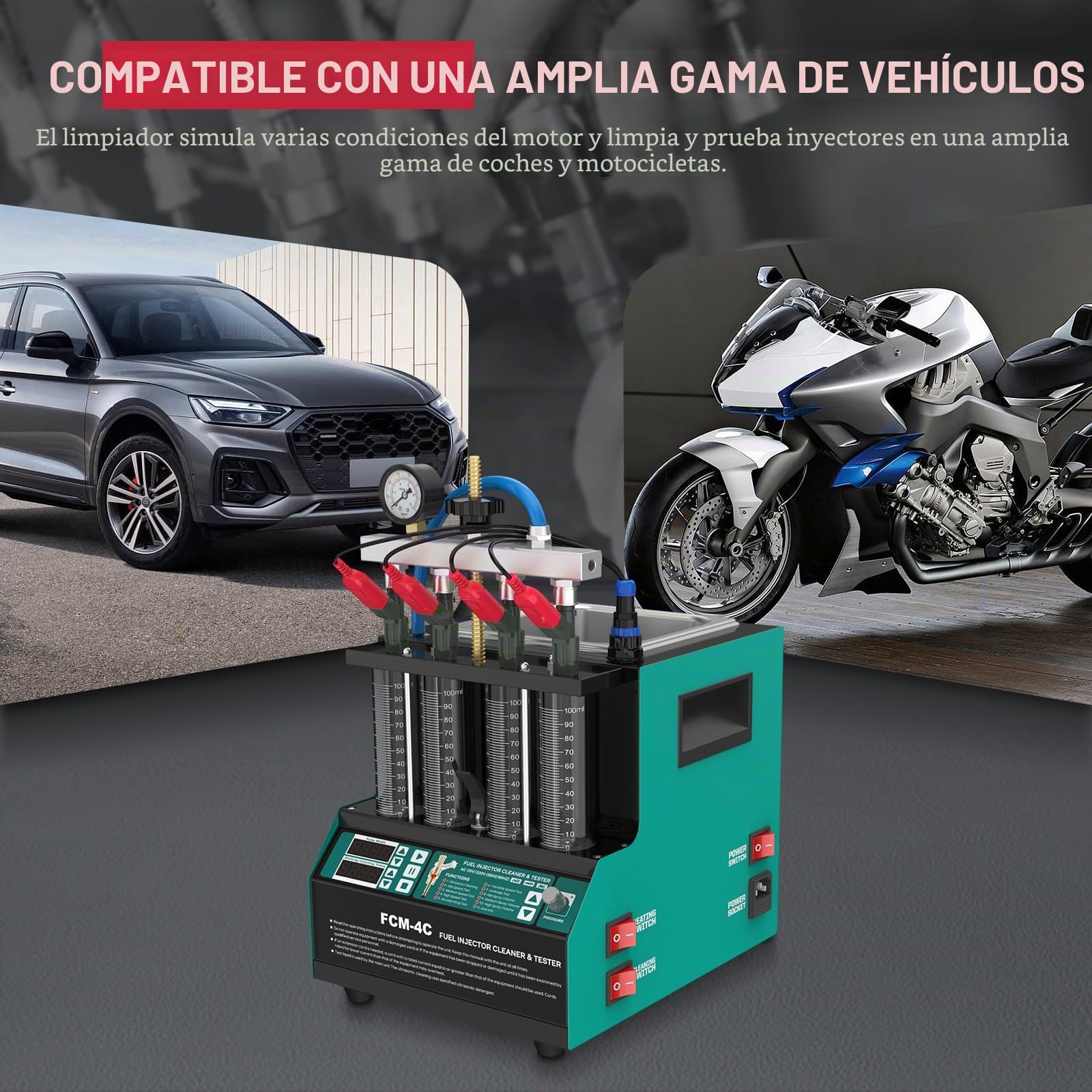 PLAYOCCAR Kit Limpiador y probador de inyectores de Combustible, 4 Cilindros, ultrasónico, para Coches y Motocicletas de Gasolina y diésel