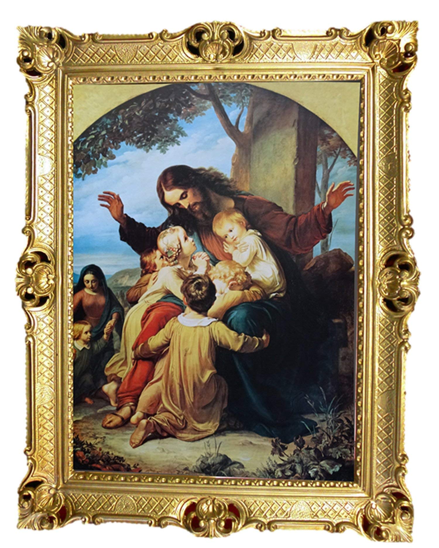 Barmherzige Jesus mit Kindern Antik Barock Rahmen Barockrahmen mit Bild Wandbild 70x90cm Kunstdrucke Gemälde Religiöse Bilder Kunst von Heiligen Heiligenbild Retro Repro für Home Büro Praxis Café 58B