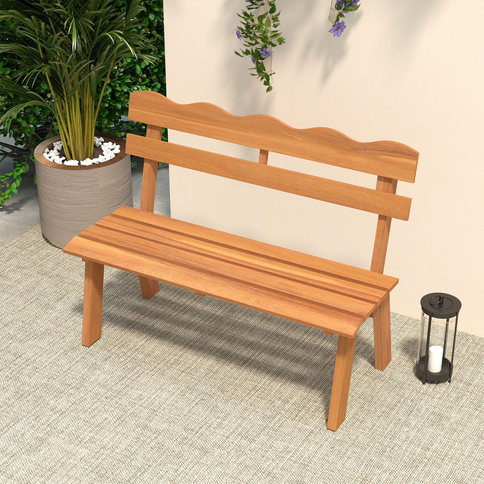 COSTWAY Banco Jardín de Madera Acacia, 2 Plazas, Banco Exterior sin Reposabrazos, Respaldo Ondulado, Patio Porche Terraza Parque, 47,5 x 105 x 80 cm, 360kg