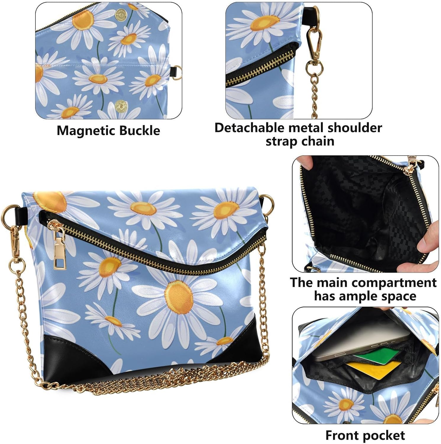 Women's PU Leather Handbag Clutch Stylish Wristlet Bag for Party Daisy Blue Floral