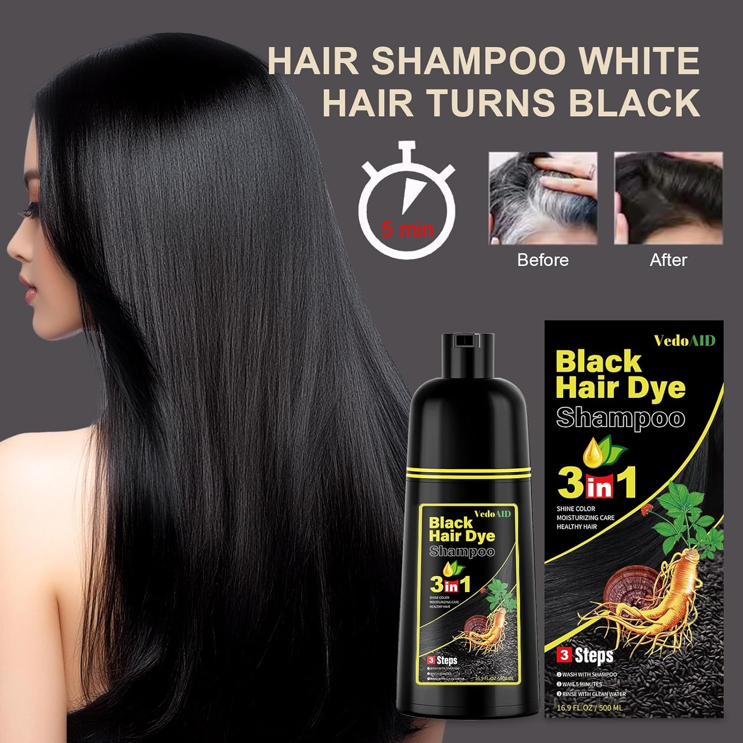 Black Hair Dye Shampoo 3 in 1 – Natural Herbal Hair Color Shampoo for Men & Women, Ammonia-Free Hair Dye, Gray Coverage, Ginseng & Black Sesame, Long Lasting, 500ml - Image 8