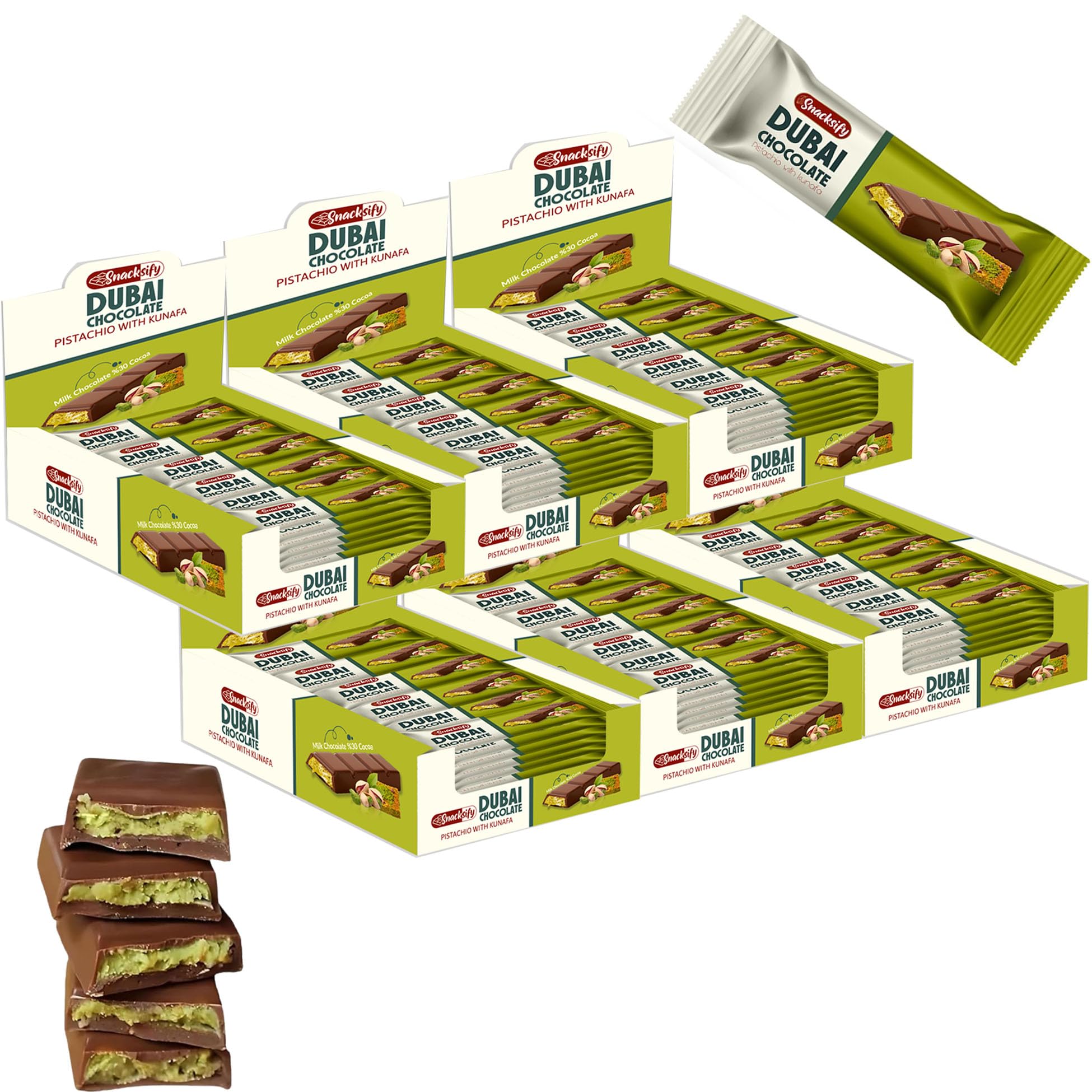 Mini Dubai Chocolate (Pack of 144) - Kunafa Pistachio Bars, 27g Each, 8.58 lbs Total – Perfect for Gifting, Fresh Daily Production, 24 Pieces with Shredded Phyllo Dough