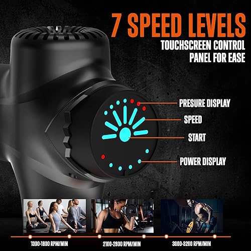 Miniatura 5 de SQUATZ Pistola de masaje eléctrica portátil con pantalla táctil, 7 niveles de velocidad y 8 cabezales de masaje con una batería de litio de 4800