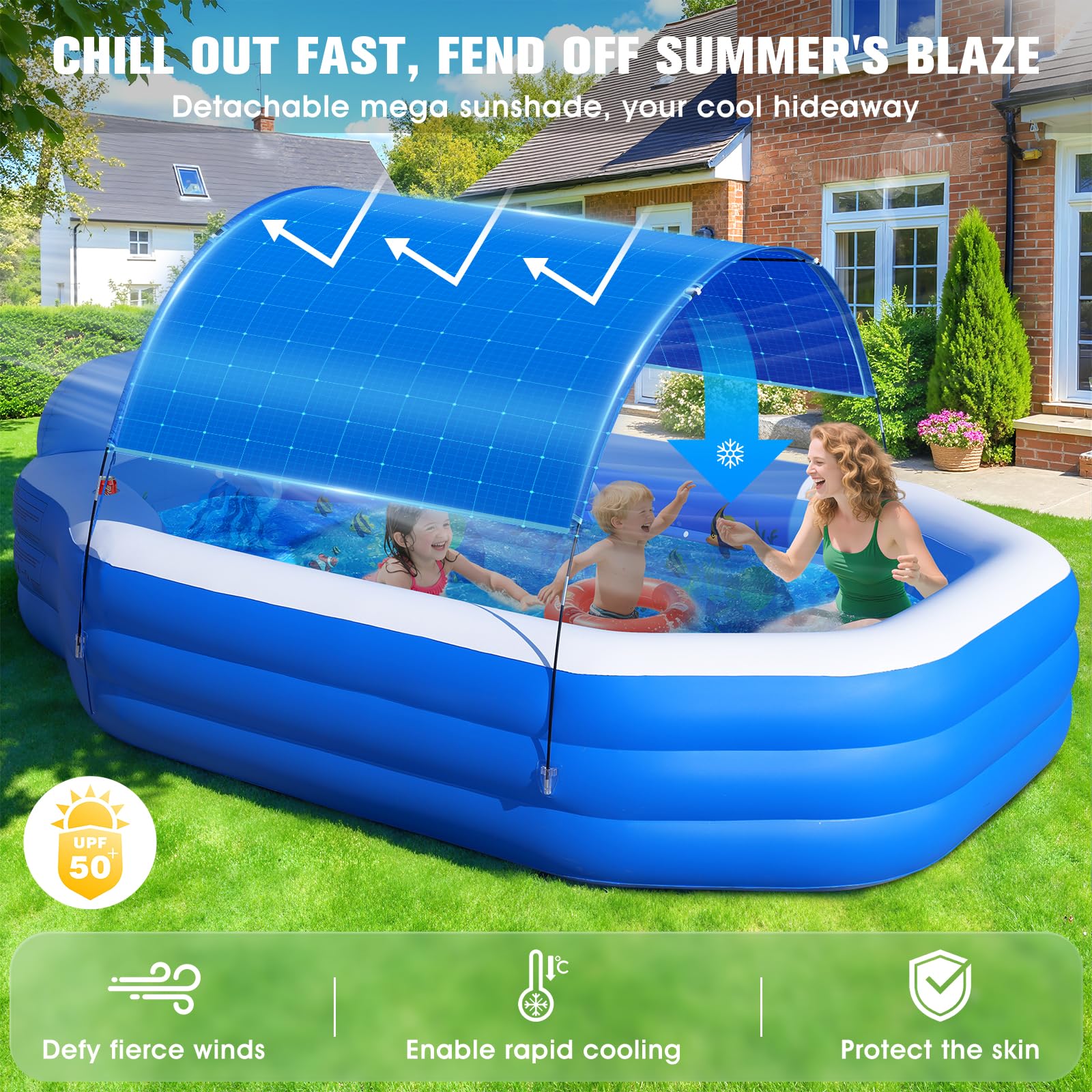 ChlorBlu Piscina Hinchable Grande con Toldo, 300x190x55cm Piscina Hinchable Adultos, Piscinas Hinchable Rectangular Resistentes y Gruesas, Piscinas Hinchable Familiar para Jardín Exterior