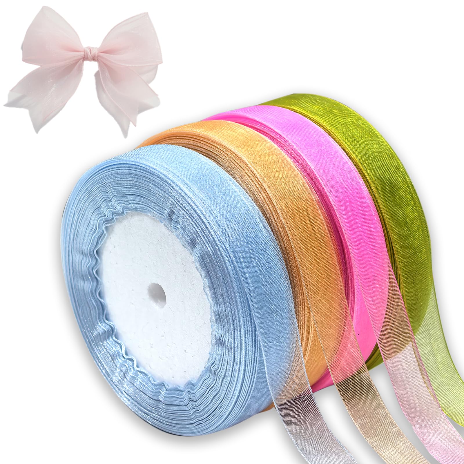 4 Rollen Organzaband Geschenkband 15mm Breit Schleifenband Geschenkband | Hochzeit Tüllband Dekoratives Band Transparentes Organza Band für Geschenke Hochzeits Dekorationen Basteln Schleifenband
