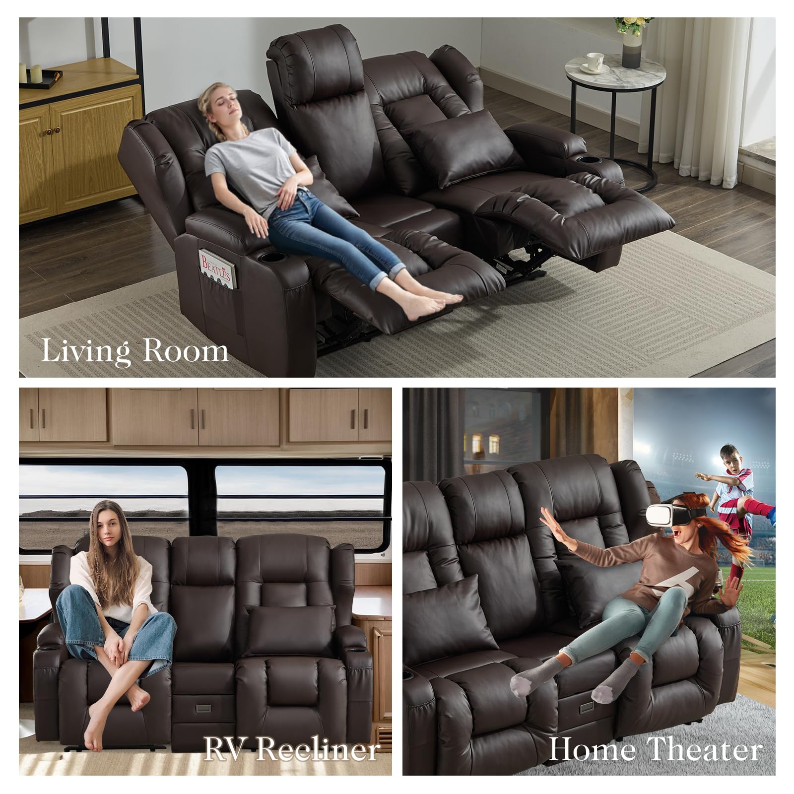 Kinosessel 2-Sitzer manuell, Relaxsessel mit Liegefunktion & Getränkehalter, Doppel-Fernsehsessel Relaxsofa verstellbar mit Klappkonsole, Heimkino Sofa Zweisitzer für Wohnzimmer, Kunstleder