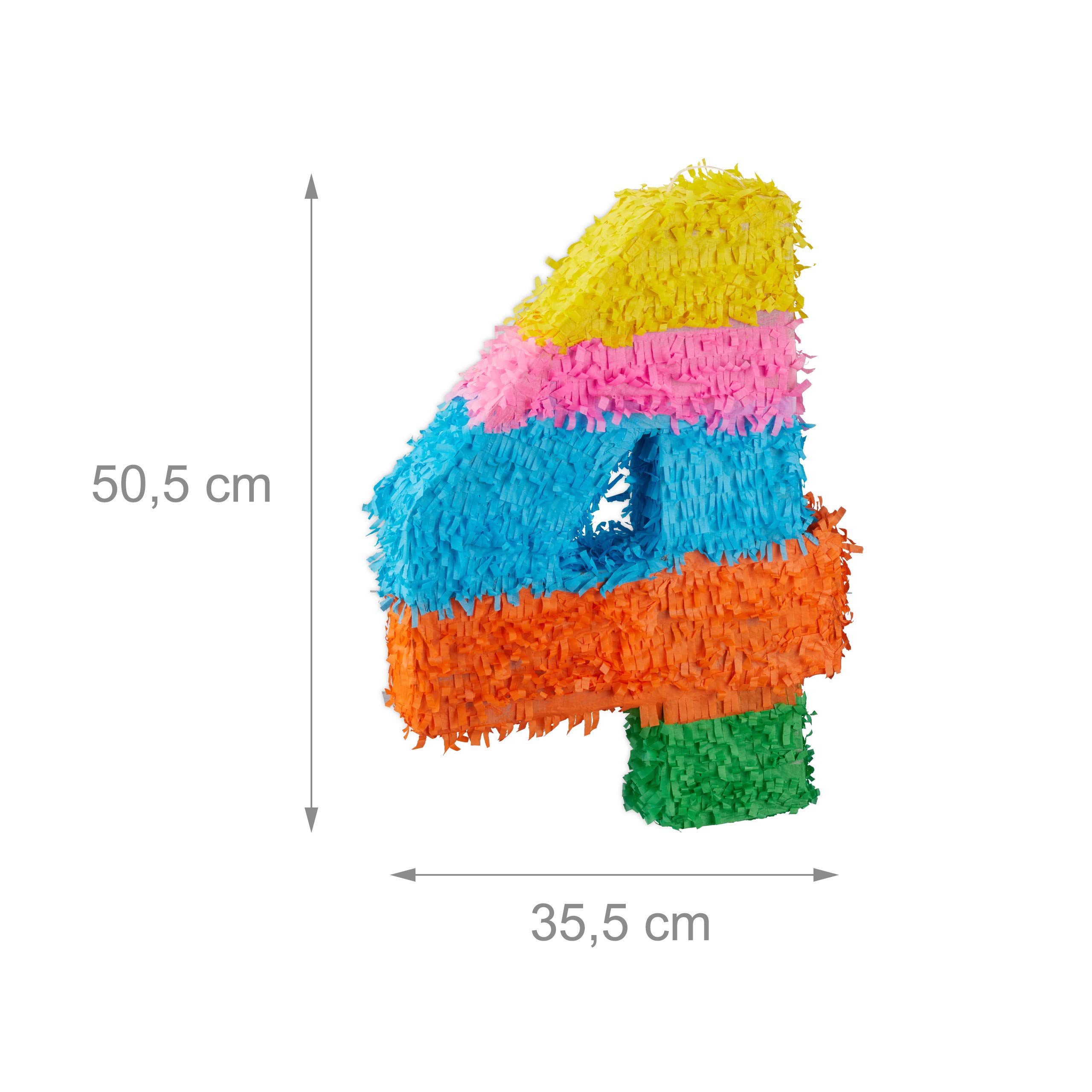 Relaxdays 3-częściowy zestaw Pinata na urodziny, cyfra 4, pręt do pinaty z maską na oczy, dzieci i dorosłych, piñata do samodzielnego napełniania, kolorowe