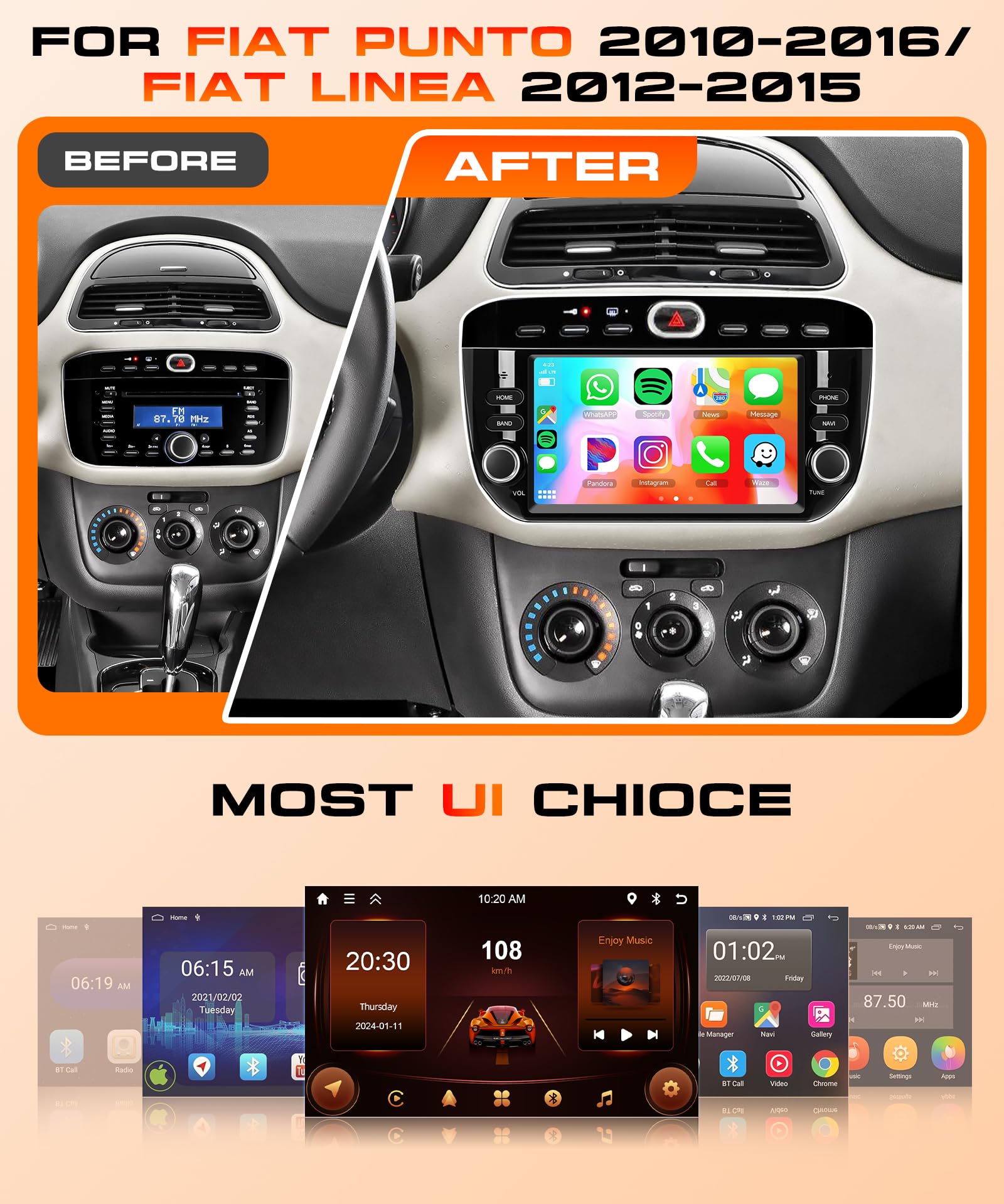 2G 64G Android Autoradio für FIAT Linea Punto Evo Linie 2012-2015 mit Wireless Carplay Android Auto, 7 Zoll Touchscreen Autoradio mit Navi GPS WiFi Mirror Link Bluetooth FM/RDS EQ/SWC Rückfahrkamera