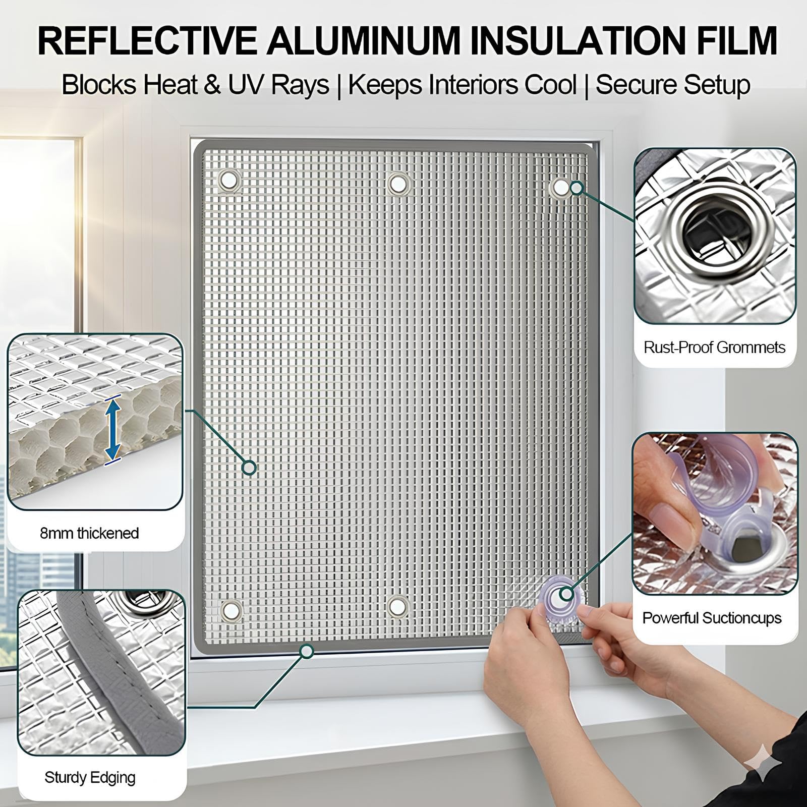 8mm Film Isolation Thermique en Aluminium Réfléchissant pour Fenêtre avec Ventouses Film De Fenêtre Anti Regard Film Occultant pour Fenêtre pour Bureau Garage(80x190cm)