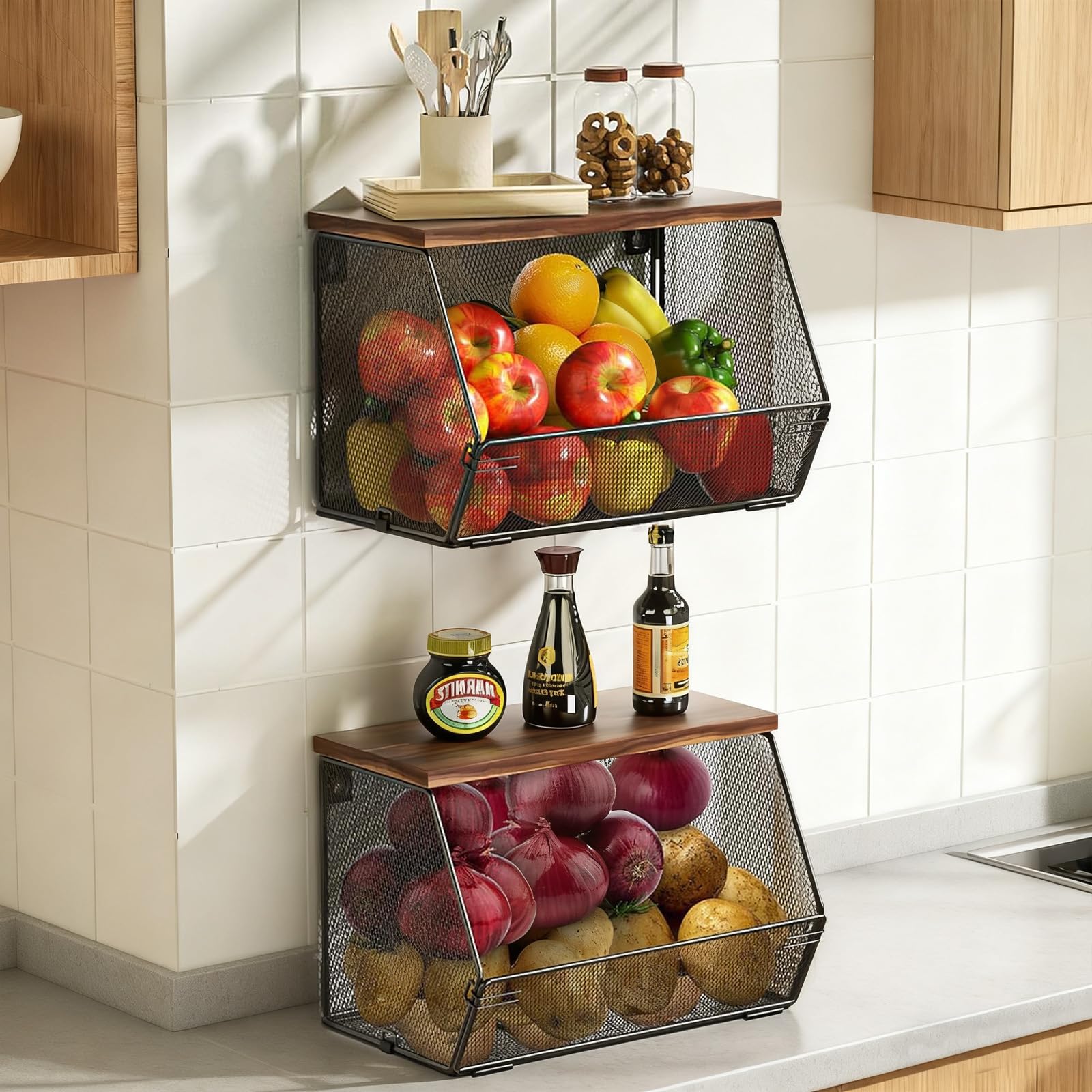 Panier Fruits, 2 Etages Panier a Fruit Etagere de Murale Cuisine | Empilable Rangement Legumes, avec Un Couvercle en Bois et Crochets pour Fruit Basket pour Rangement Fruits et Légumes