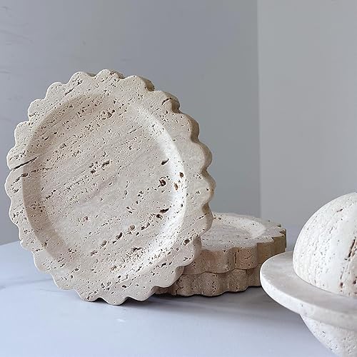 Miniatura 6 de Bandeja redonda de mármol de travertino, bandeja festoneada, pequeña bandeja para servir, para mostrador, baño, cocina, mesita de noche, soporte