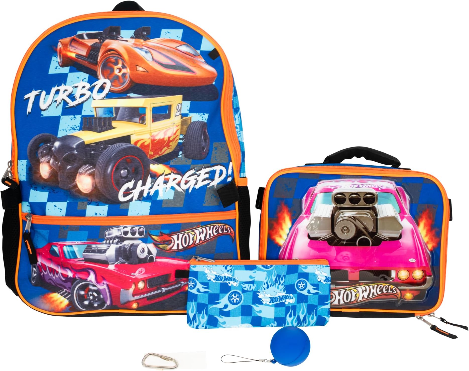 Hot Wheels Burning Rubber 5 Piece Backpack Set for Boys, Featuring Turbo Charged Race Cars, Kids School Bag, Blue
