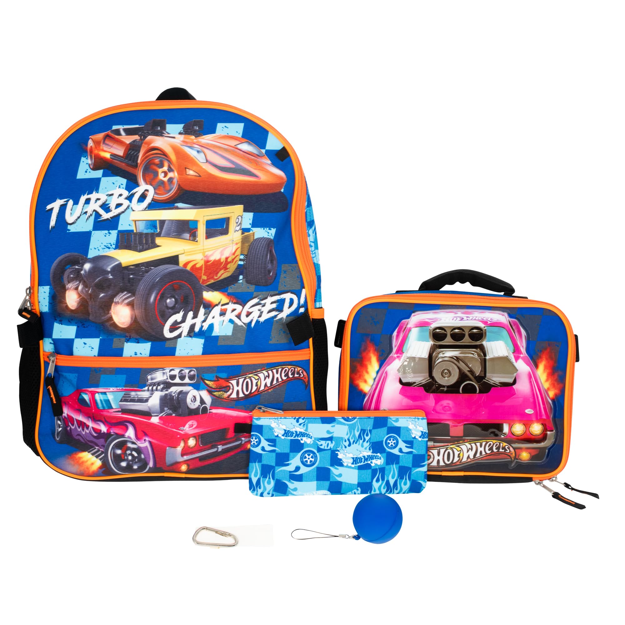 Hot Wheels Burning Rubber 5 Piece Backpack Set for Boys, Featuring Turbo Charged Race Cars, Kids School Bag, Blue