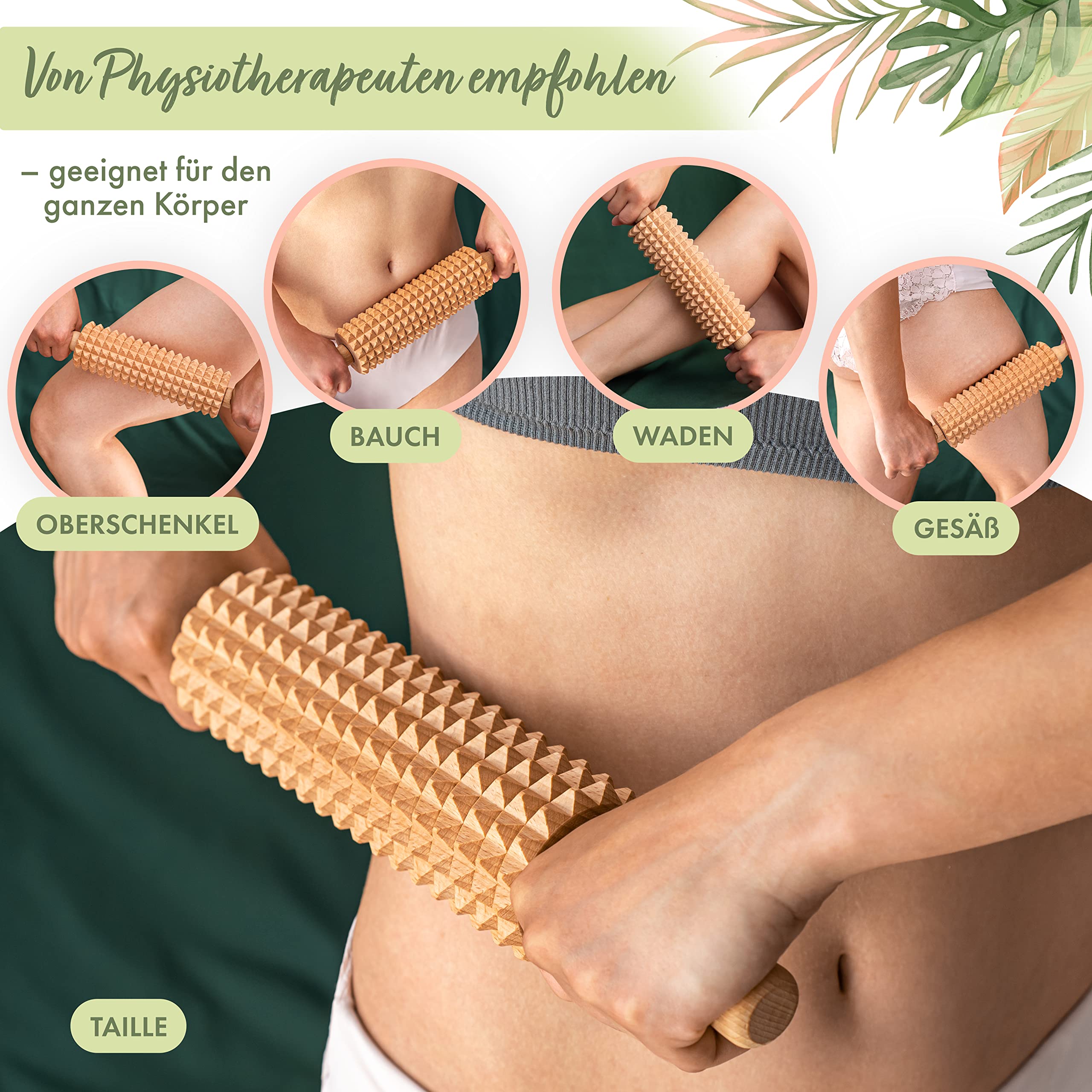 Massageroller aus 100% Buchenholz – Holz Massage-Rolle mit Griff Massagegerät gegen Cellulite zur Maderotherapie Lymphdrainage Körpermassage