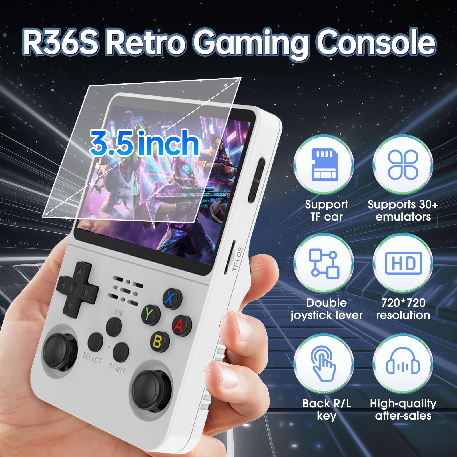 Febotak R36S - Console da gioco retrò portatile con schermo IPS da 3,5", 128 GB di memoria, oltre 40.000 giochi, basato su LINXU Open Source ARKOS, batteria da 3500 mAh (Bianco)