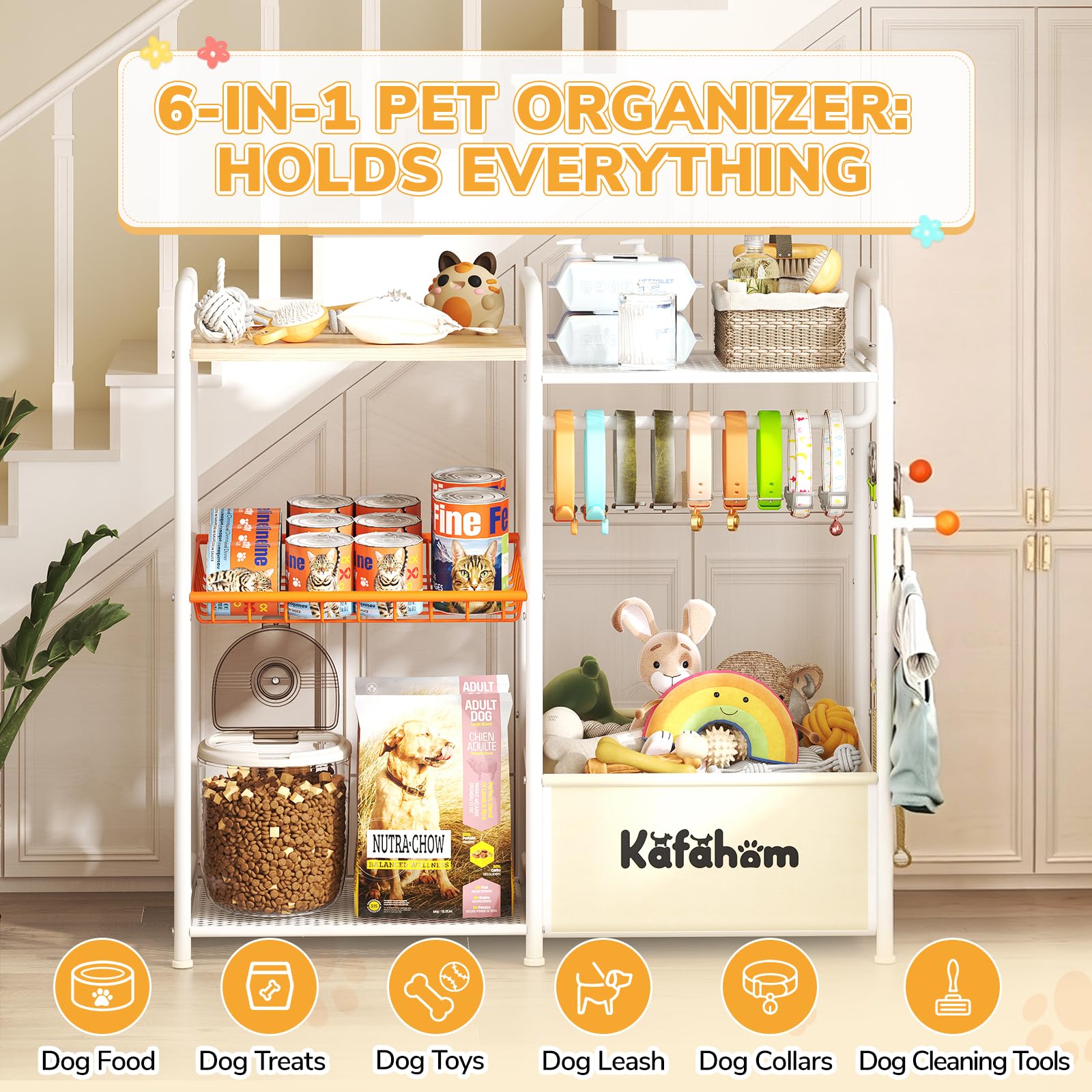 KAFAHOM Cestino per giocattoli per cani e accessori per animali domestici, stazione di alimentazione multifunzionale per gatti con organizer per lattine e postazione per animali domestici, grande