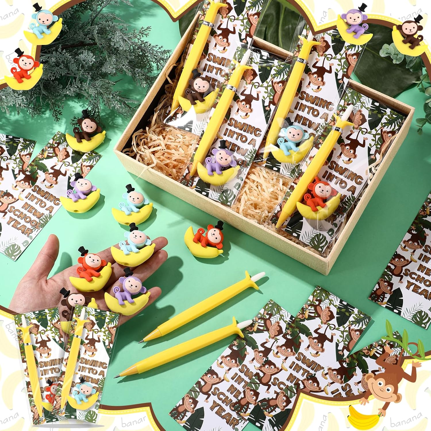 Sinload 20 Sets Banana Mechanical Pencils Monkey Erasers and Positive Cards Cute Inspirational Pencil Gift Bulk from Teacher for Testing Graduation Party Favor
