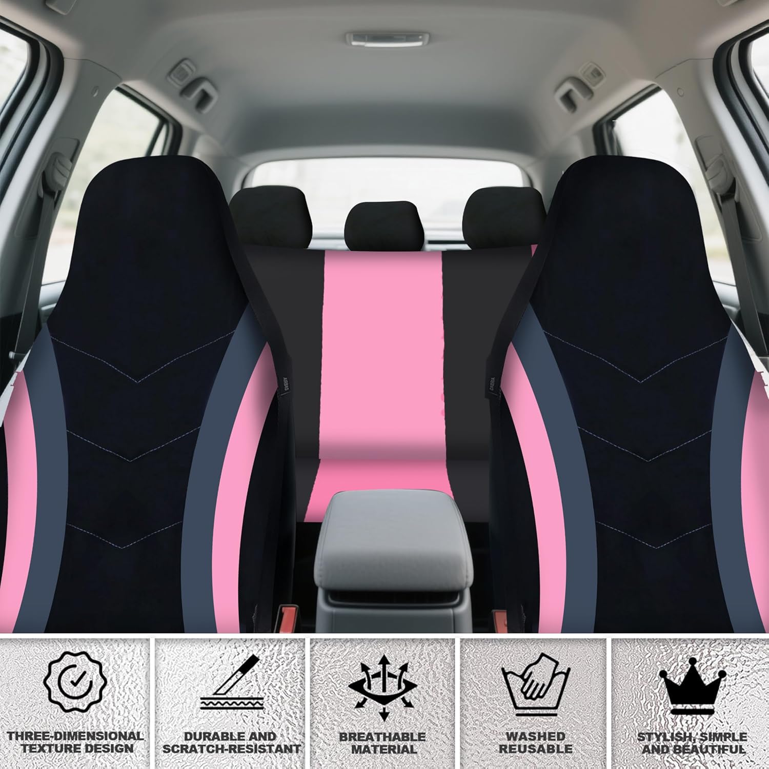High Back Curved Car Seat Covers,Universal Car Seat Cover Full Set,Plush Steering Wheel Cover,Fit Sedans,Cars,Vans,SUV,Truck (Pink)