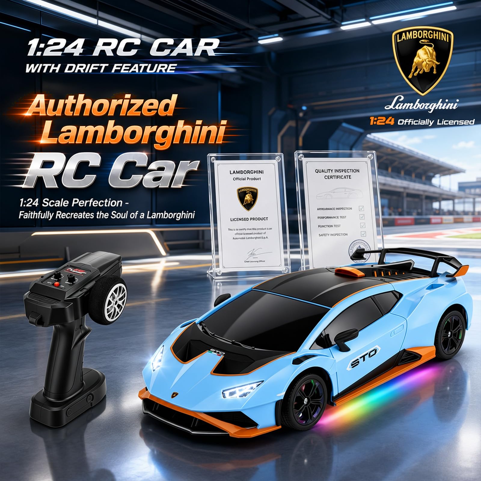 Lamborghini - Auto telecomandata, 1:24 ad alta velocità, con valvola a farfalla completamente proporzionale e luci LED, corsa 25 km/h, auto Lamborghini RC Drift per ragazzi dai 6, 7, 8, 9, 10, 11, 12