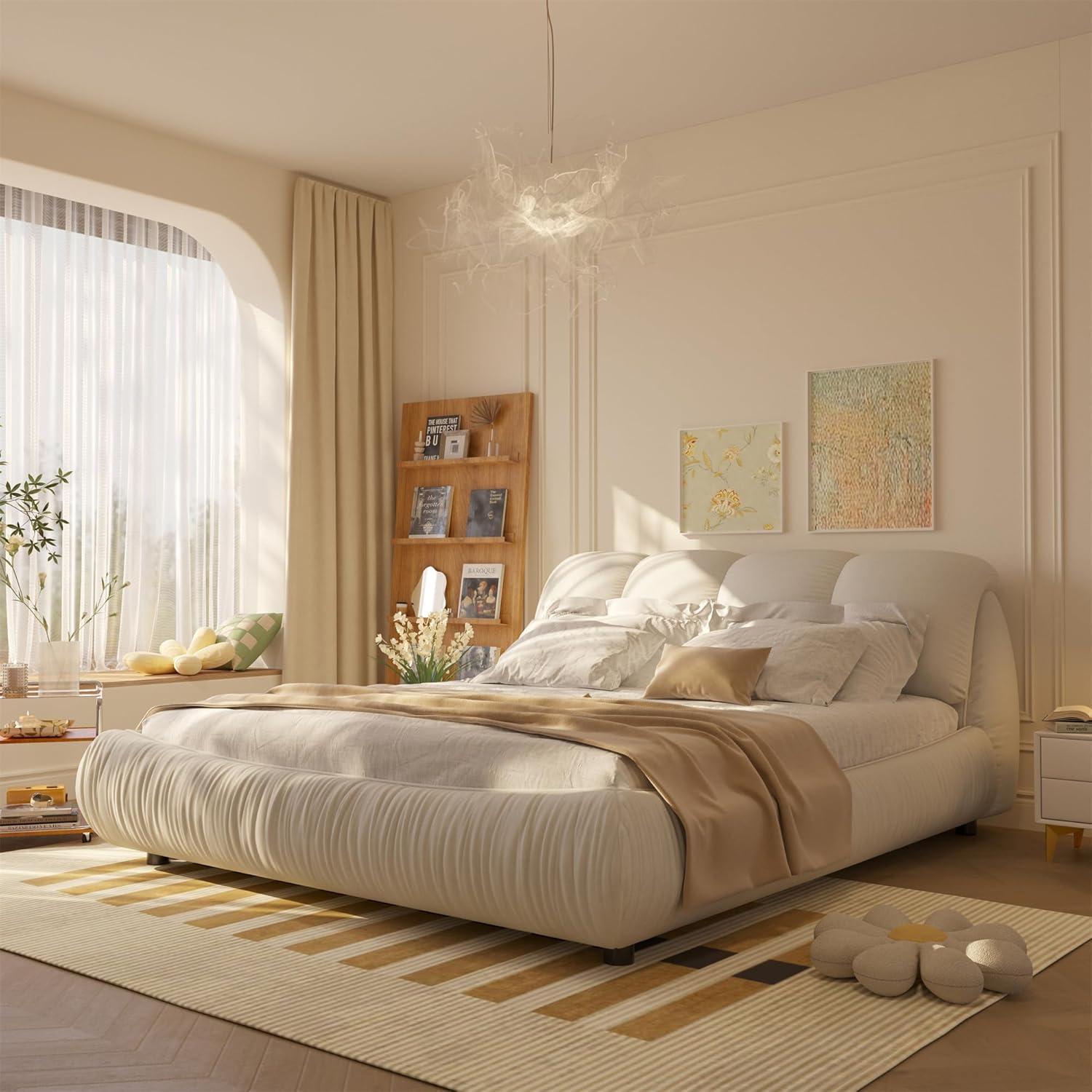Modern Luxury King Size Bed Frame with Oversized Thick Headboard, Upholstered Sleigh Bed Frame with Wooden Slats Support Oversized Padded Backrest for Bedroom, No Box Spring Needed (Beige)