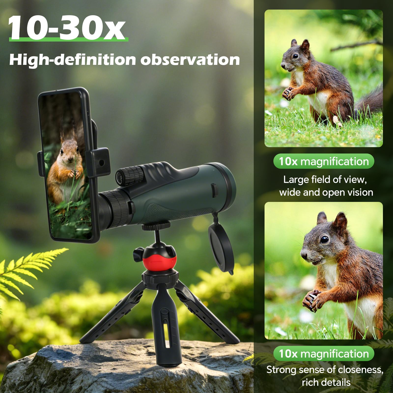 Zoom monoculaire 10-30 x 50, HD monoculaire pour adulte, avec support pour smartphone, trépied et dragonne, prisme FMC & BAK4, vision plus grande, pour le camping, l'observation des oiseaux