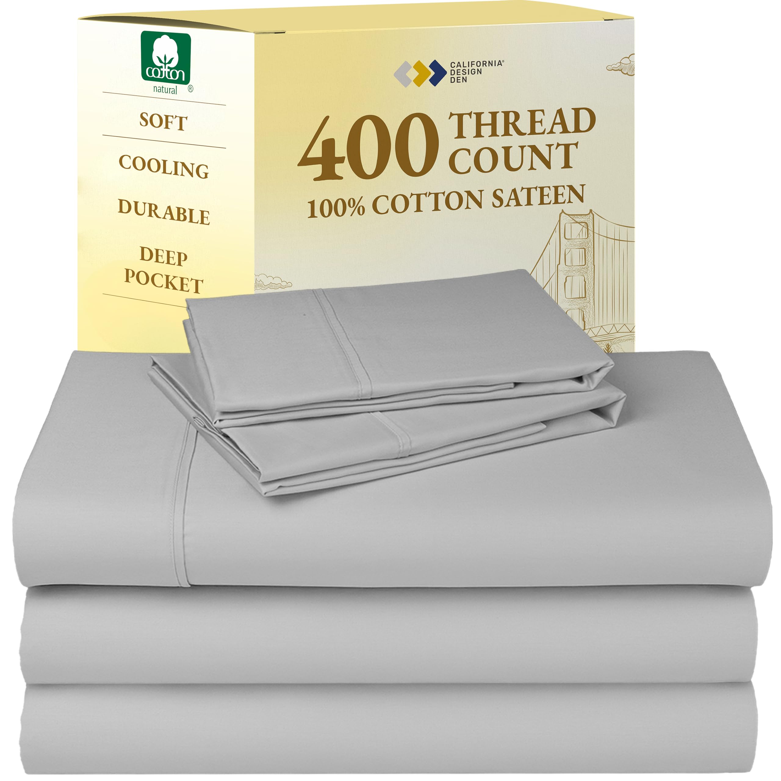 California Design Den Split King Sheets for Adjustable Bed, Natural 100% Cotton Sheets, 400 Thread Count Sateen, Deep Pockets with All Around Elastic for a Snug Fit, Durable Bedding Set - Light Grey