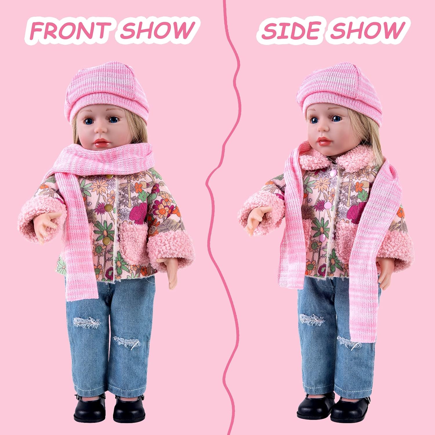 Rakki Dolli Doll Clothes 4 Piece Set Includes Pink Flower Snow Jacket, Knitted Wool Hat, Scarf and Hipster Jeans Fits for 18" American Girl Dolls (Doll and Shoes Not Included)