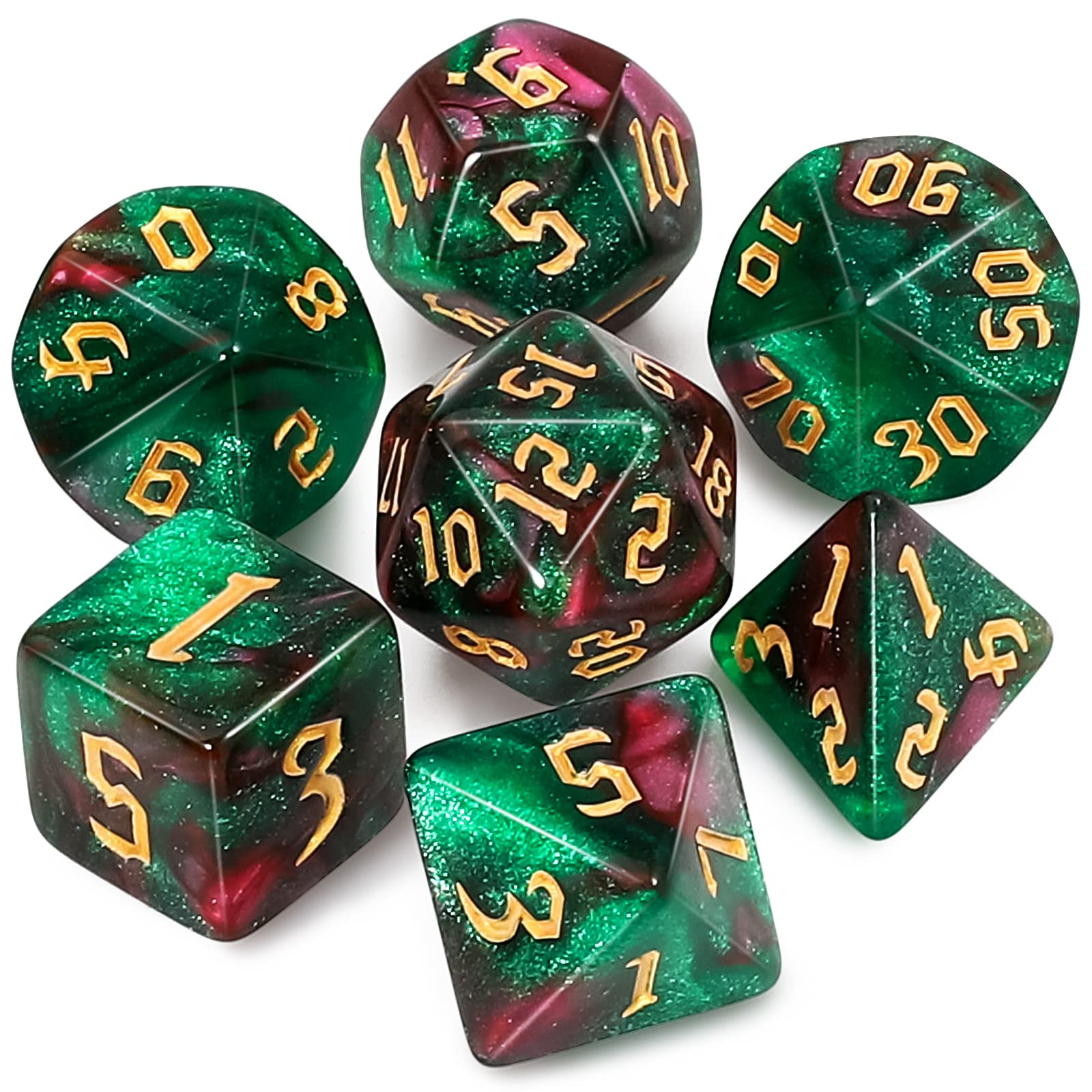 QMAY DND Dice Polyhedral Dice Set – 7 pezzi per Dungeon and Dragons MTG RPG D&D D20, D12, D10, D%, D8, D6, D4 (verde e rosso + glitter)