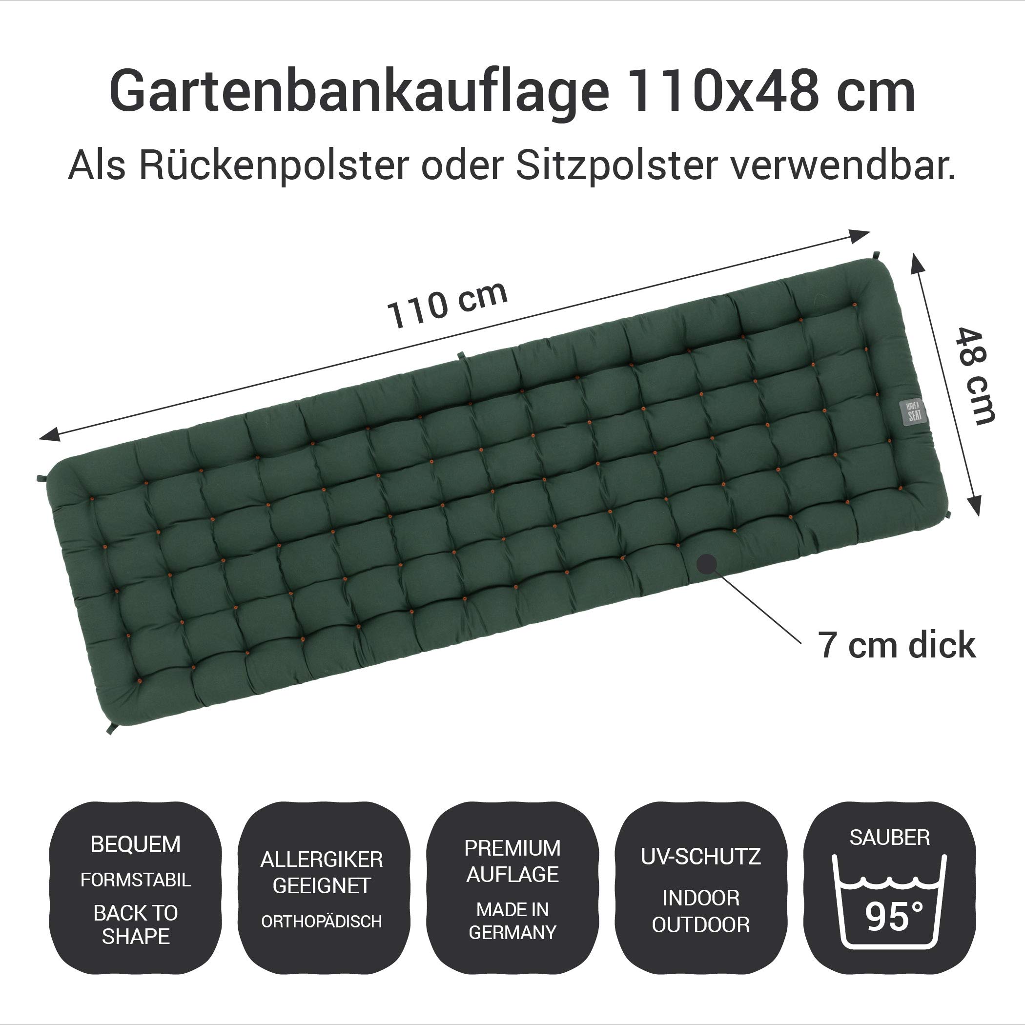 Poduszka na ławkę ogrodową z oparciem, wygodna poduszka do siedzenia – ortopedyczna poduszka do siedzenia, nadaje się do prania w temperaturze do 95°C, Made in Germany (zielony