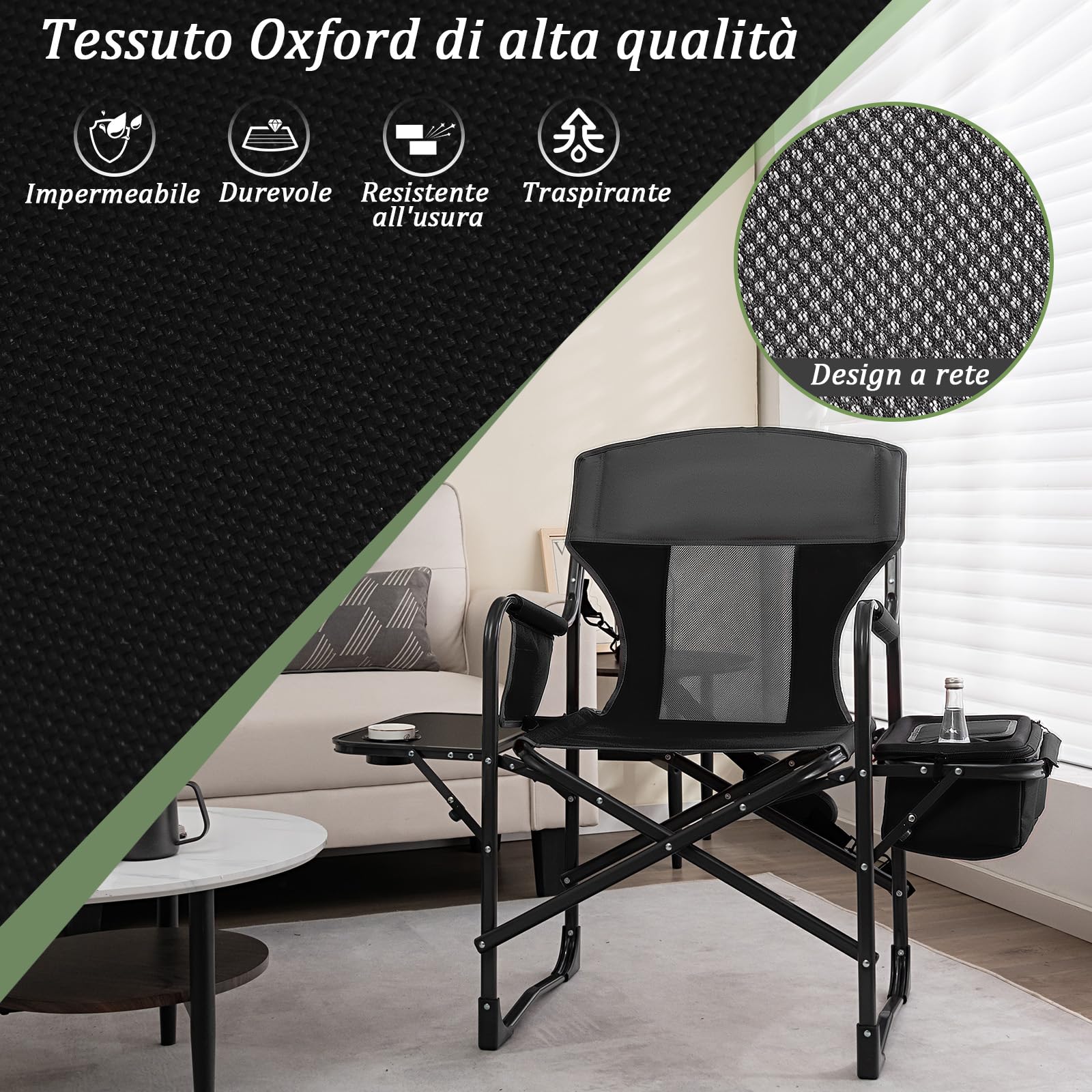 GYMAX Sedia da Campeggio Pieghevole, con Tavolino e Scomparto Laterale e Braccioli, Sedia da Esterno, Sedia da Regista con Borsa Frigo, Capacità di Carico 180 kg, 113 x 56 x 98 cm (NERO)