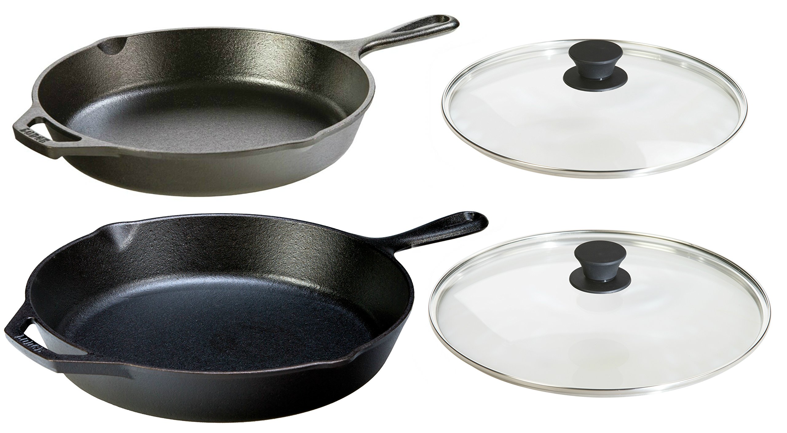 Lodge Seasoned Cast Iron 4 Piece Bundle. Two Sets of Cast Iron Skillets with Tempered Glass Lids