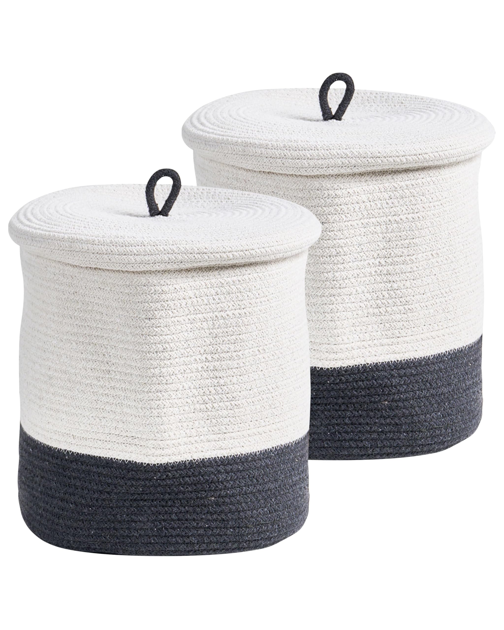 Korb 2er Set Baumwolle weiß/grau geflochten gestreift mit Deckel Boho-Design Silopi