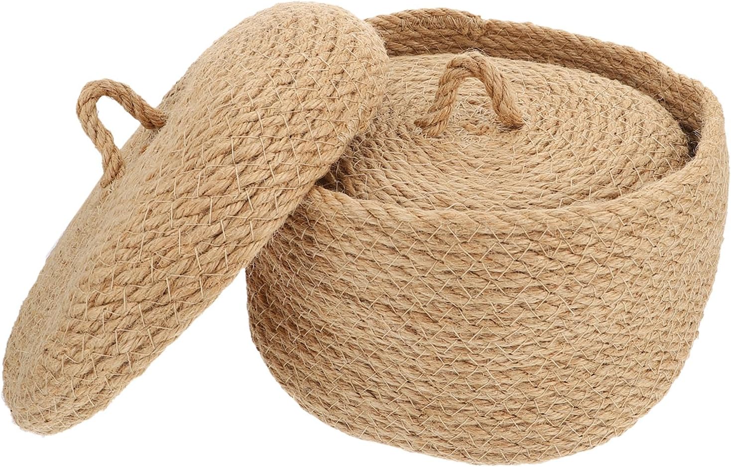 Jute Storage Basket with Lid 2pcs Sundries Organizer Baskets in Khaki Medium and Small round Desktop Storage Containers for Home