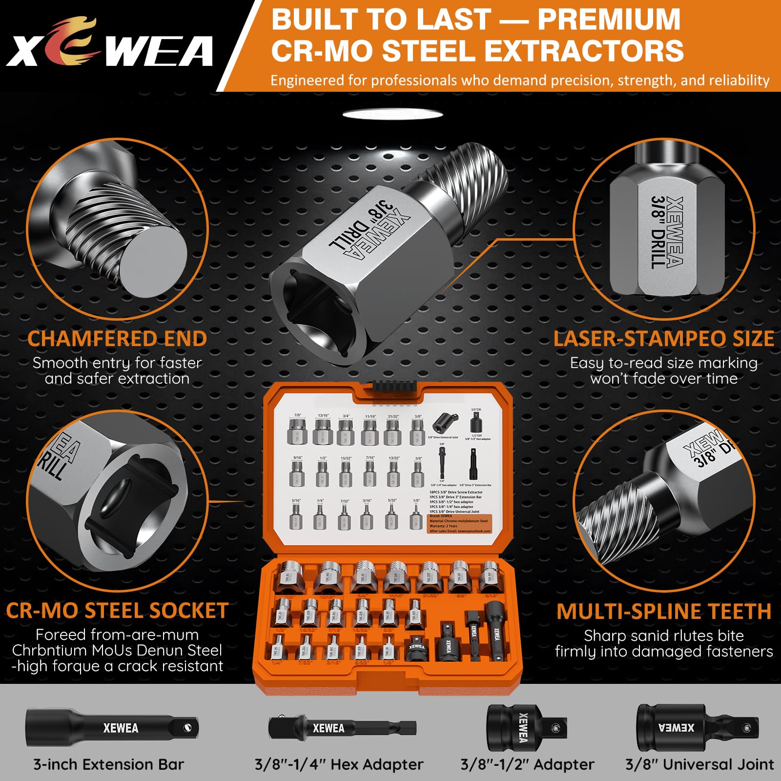 XEWEA Set di 22 estrattori per viti da 3/8", kit di rimozione dei bulloni multi-spline per bulloni rotti, dadi e viti, strumenti di estrazione CR-MO resistenti con accessori di estensione e adattatore