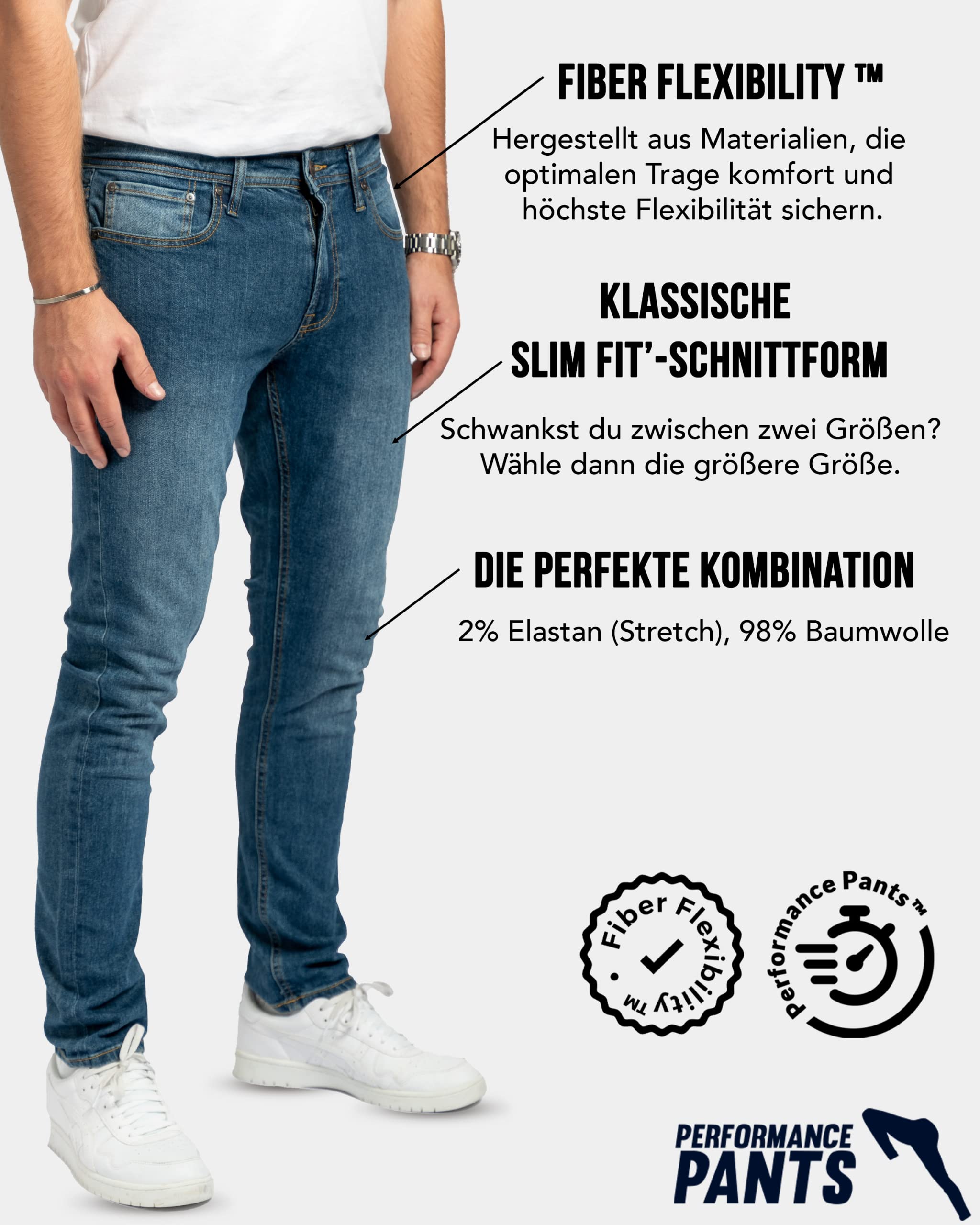 Performance Jeans für Herren in Slim Fit mit Stretch in Medium Blau oder Schwarz - Sehr Komfortable und Bequeme Slim Fit Stretch Jeans für Männer - Herren Jeans für Arbeit & Freizeit