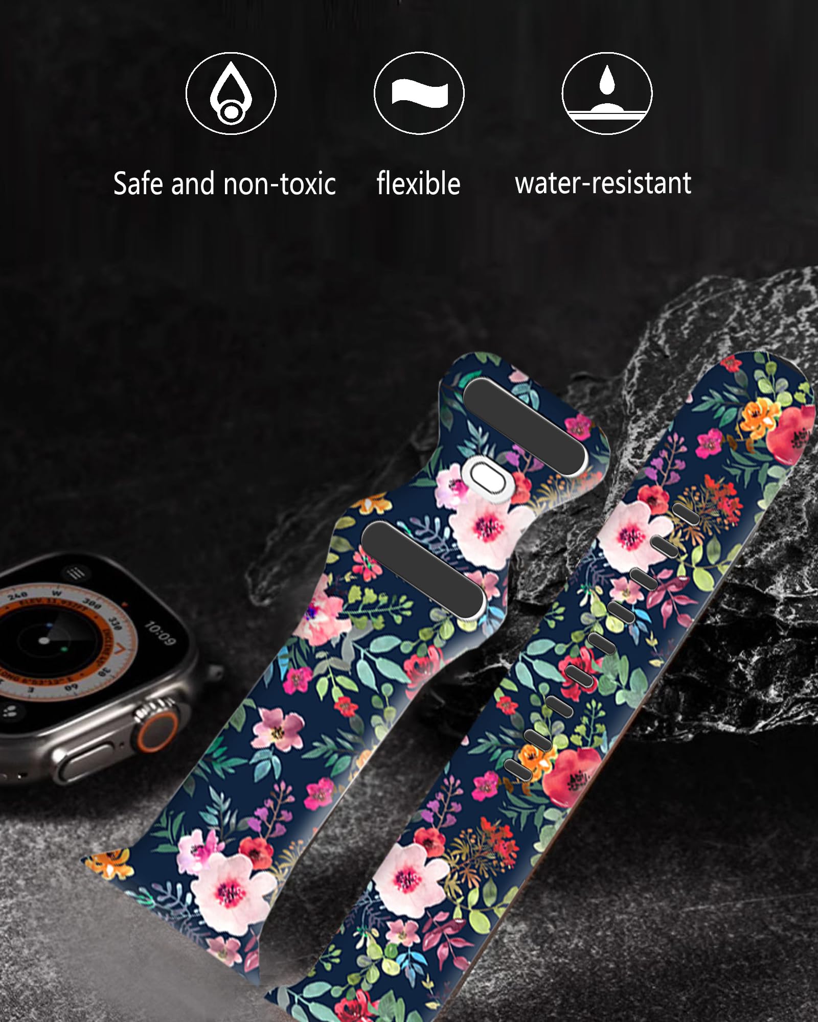 Photo 1 of Sport Watch Bands Compatible with Apple Watch Band 38mm 40mm 41mm for Women Men, Adjustable Soft Silicone Replacement Smartwatch Wristband for iWatch Series 7 6 5 4 3 2 1 SE(Watercolor floral)