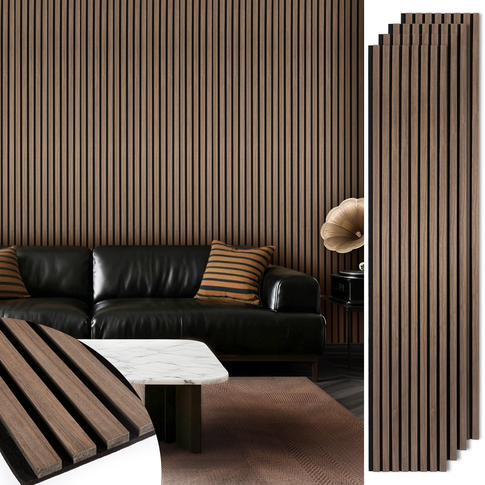 Acoustic Wood Slat Panels 4 Pack 106" x 12.6", Soundproof Wooden Wall Panels, 3D Fluted Panel for Interior Wall Decor, Living Room, Bedroom - Walnut 