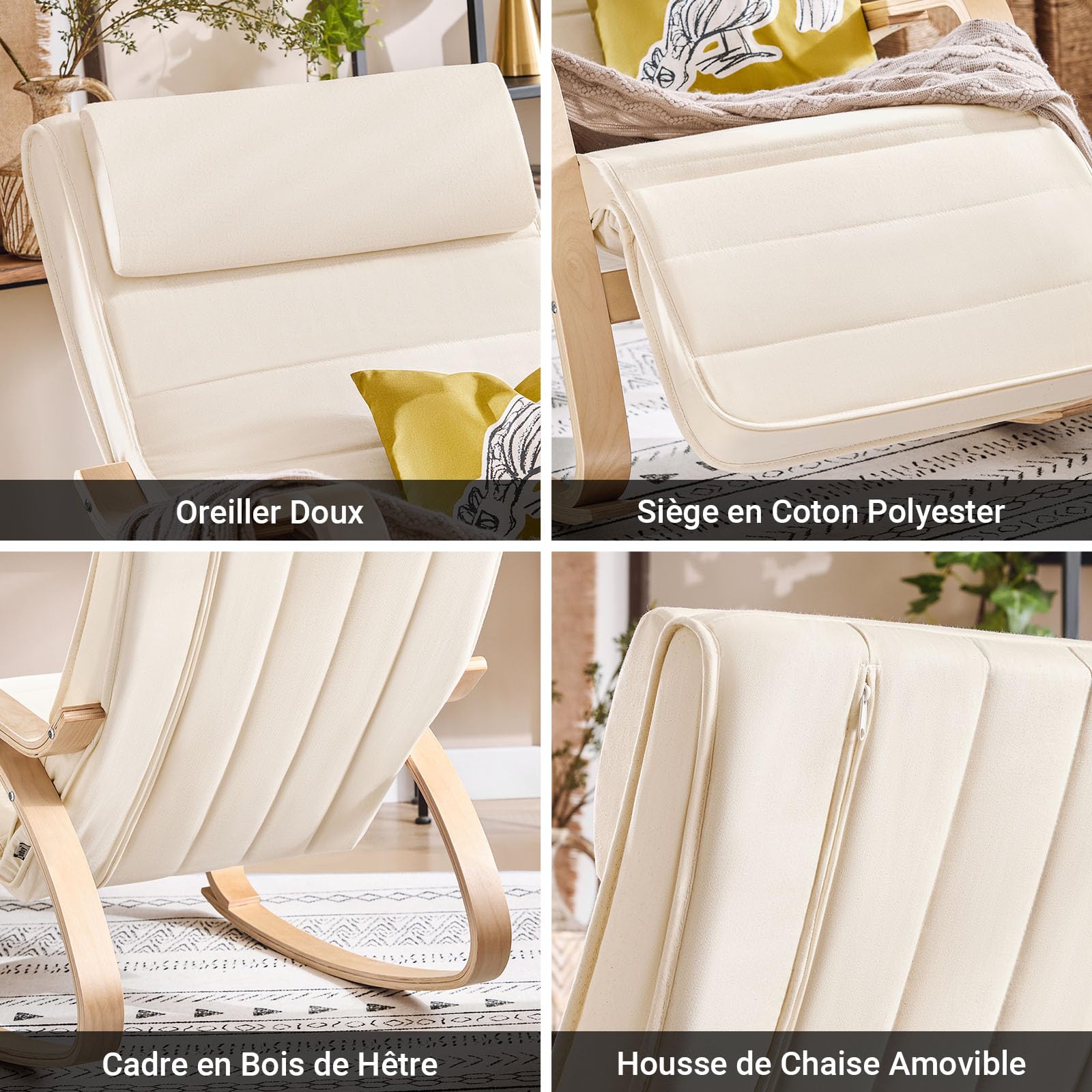 SoBuy Fauteuil a Bascule, Relax Rocking Chair, Chaise a Bascule avec Repose-Pieds et Appui-tête réglables, Beige FST16-W