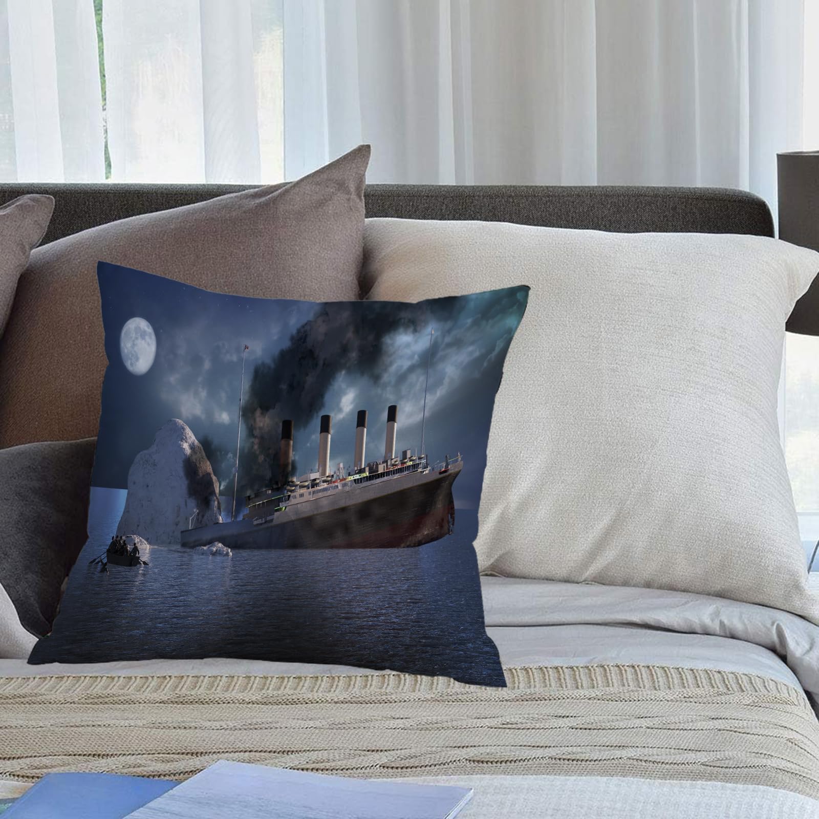 KHWEJ Cushion Covers Square Throw Pillow Case Printed Soft Pillowcases for Outdoor Patio Sofa Balcony Living Room,the Titanic ocean liner after it struck an iceberg in 1912 off the coast of,18x18 in