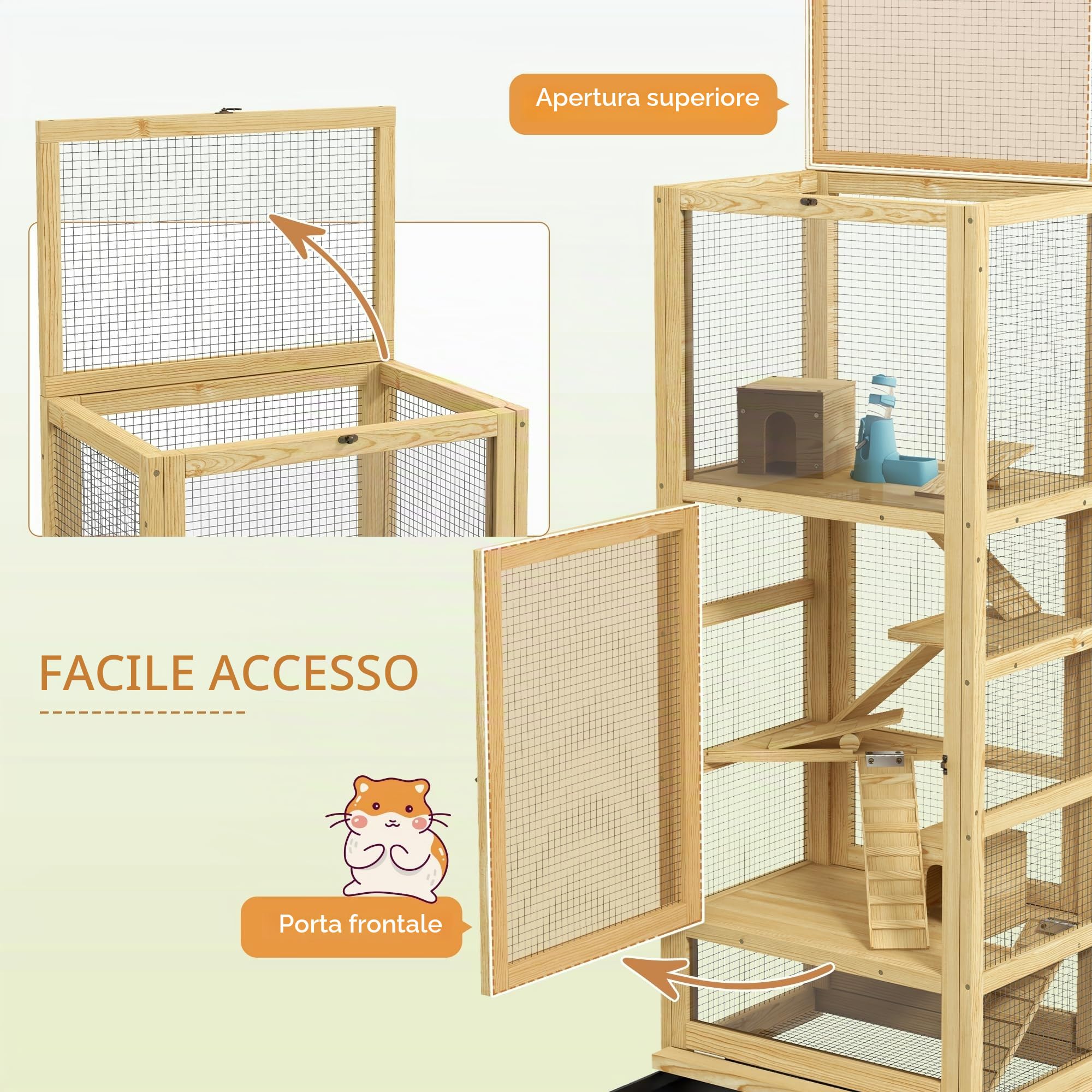 PawHut Gabbia per criceti o topi, piccoli animali in legno, 5 livelli con scala, nicchia, altalena, vassoio rimovibile, abbeveratoio, 54 x 38 x 131 cm, naturale